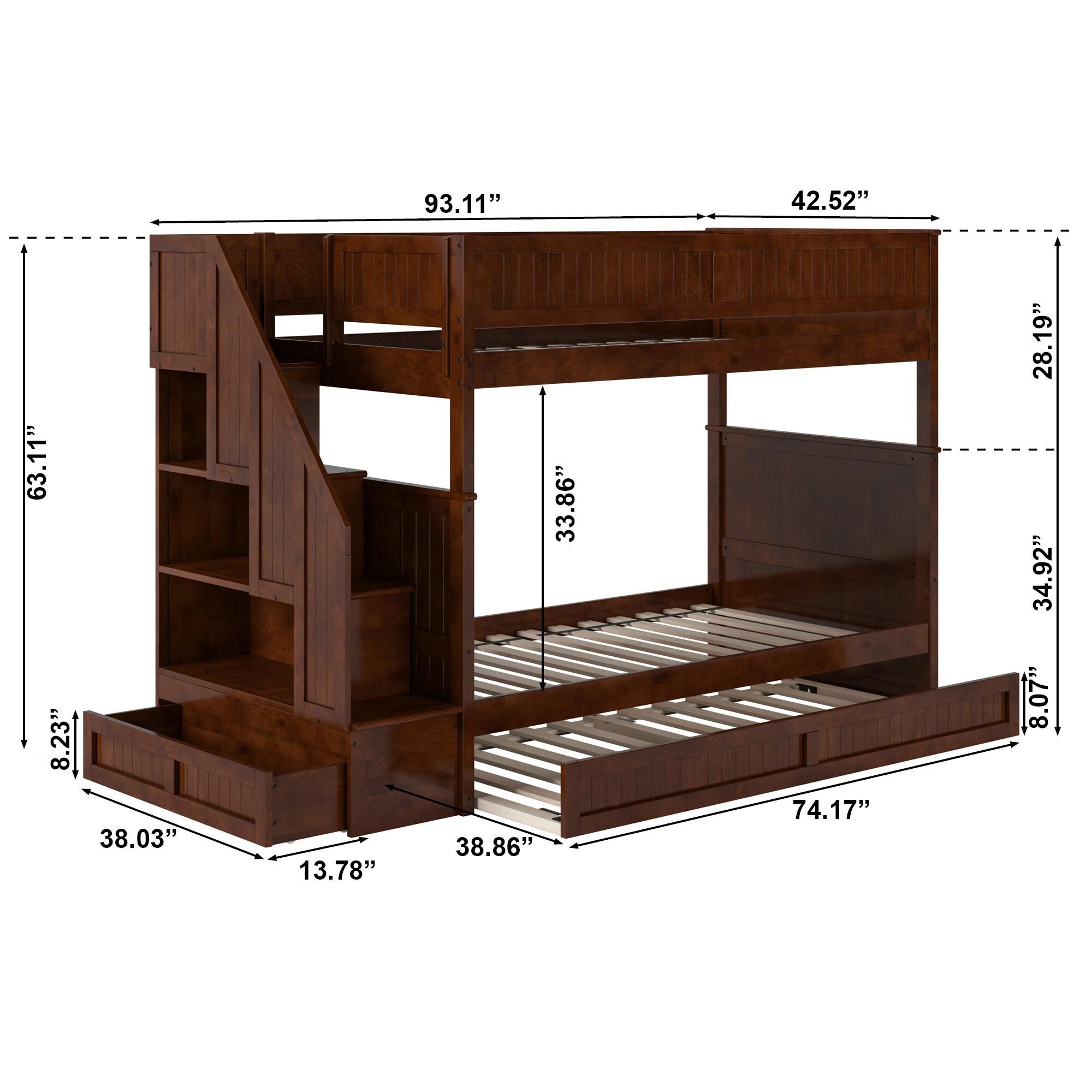 Walnut Twin Over Twin Bunk Bed with Storage Drawer and Trundle