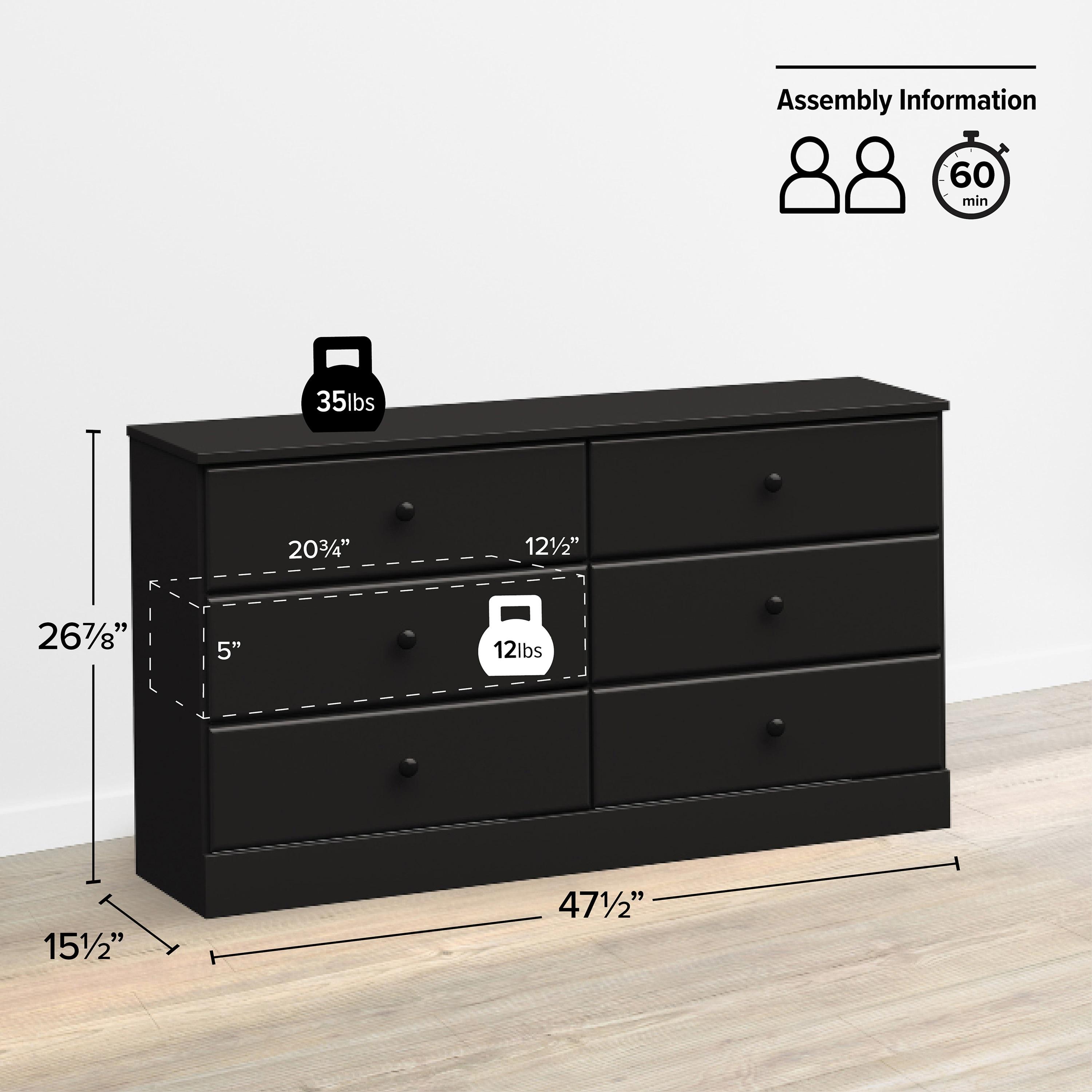 Prepac Astrid 6 Drawer Dresser Black: Laminated Wood Composite, Metal Hardware, Safety Stops