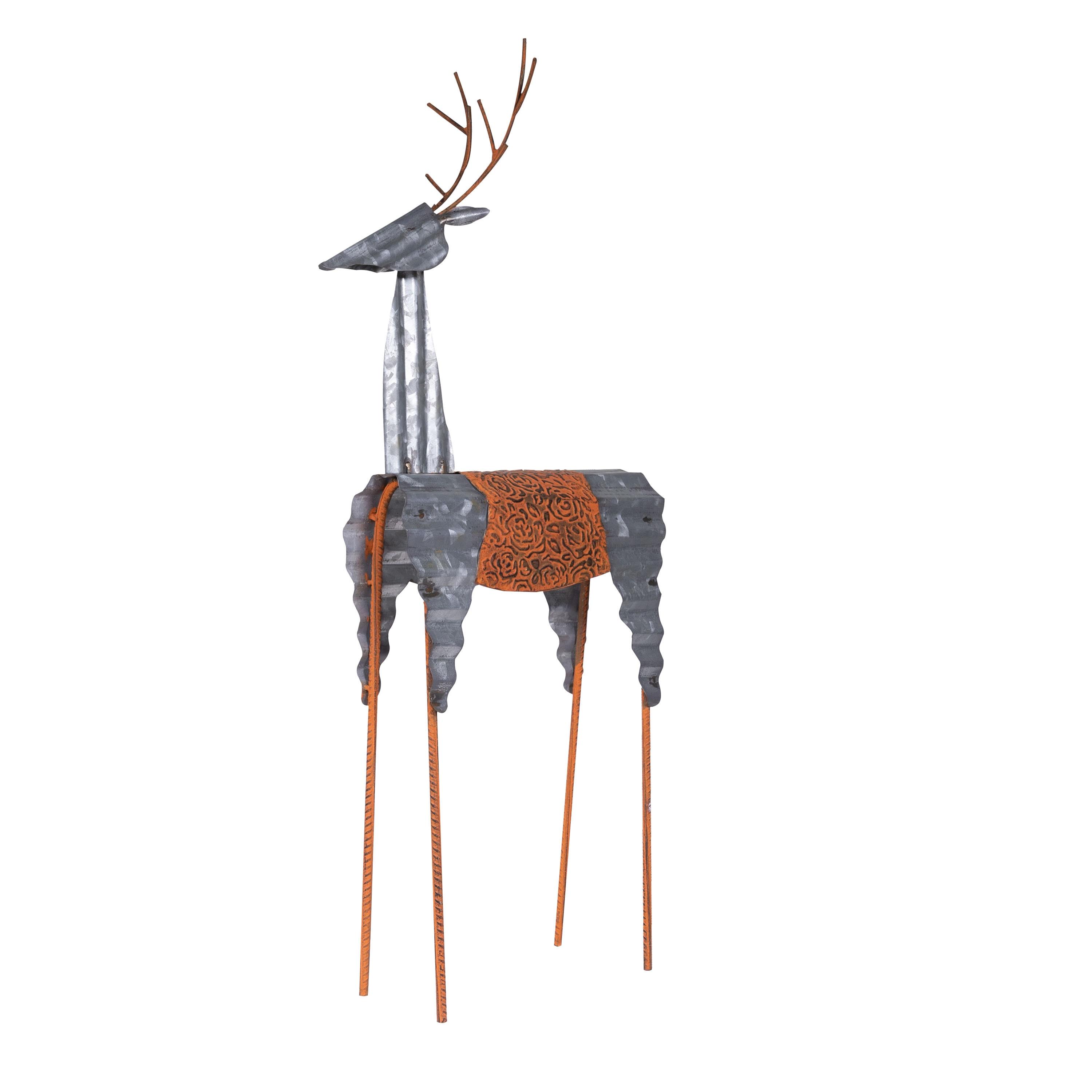 30-Inch Tall Silver and Orange Metal Reindeer Decoration