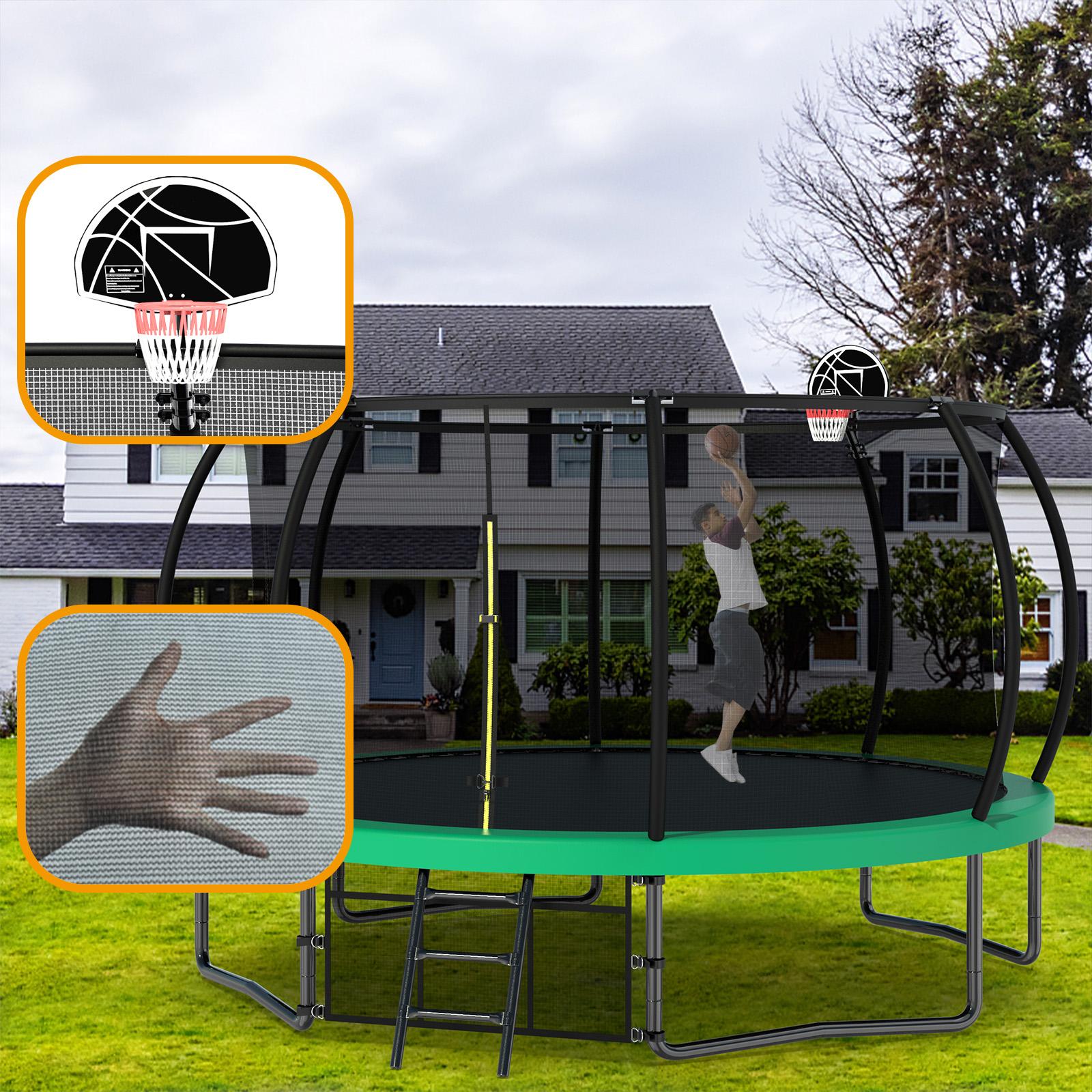 12FT Round Trampoline with Basketball Hoop for Kids, Outdoor Recreational Trampolines with Safety Enclosure Net & Ladder, 880 LBS Weight Capacity, Green