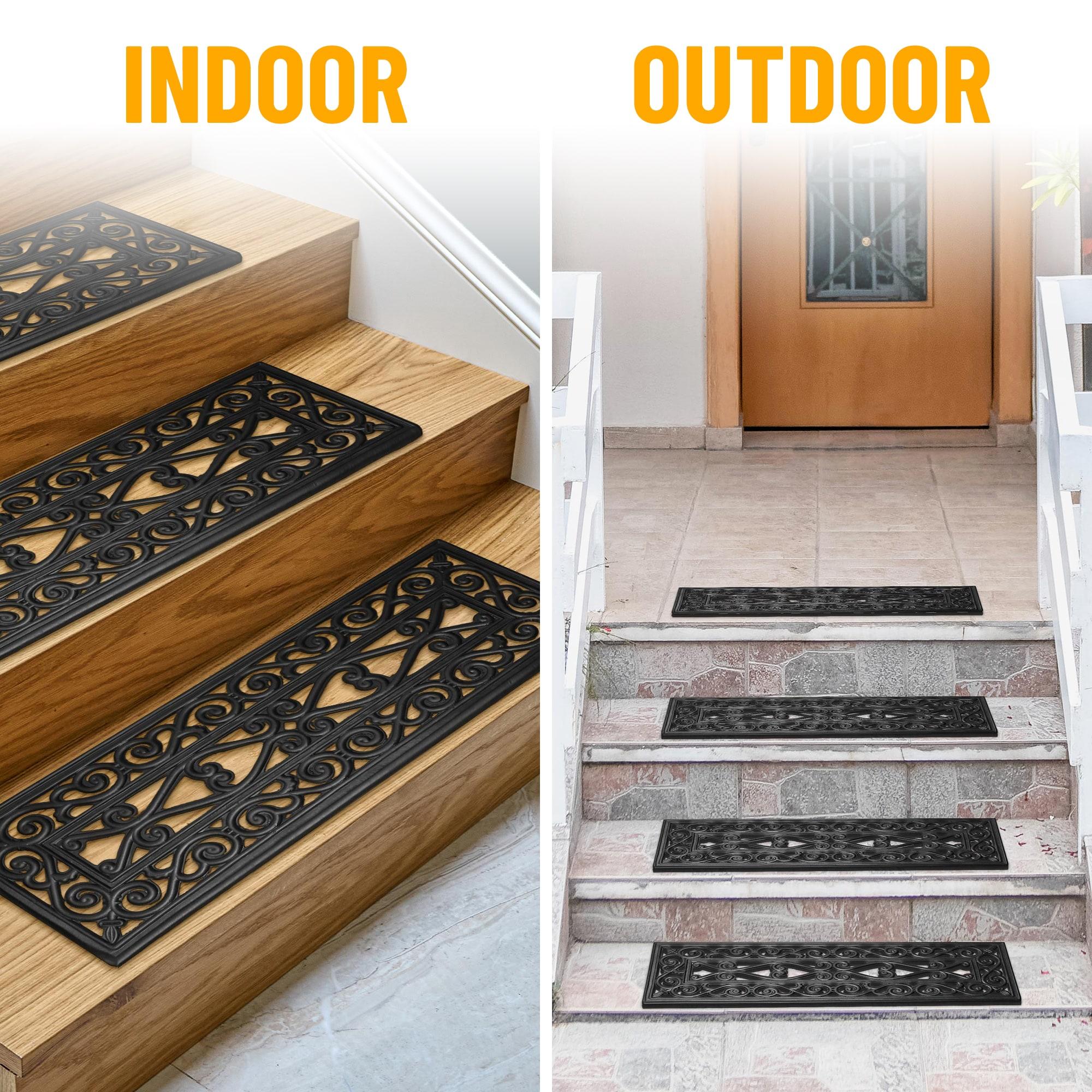 Ottomanson Easy Clean, Waterproof, Low Profile Non-Slip Indoor/Outdoor Rubber Stair Treads, 10" x 30" (5 Pack), Black Wrought