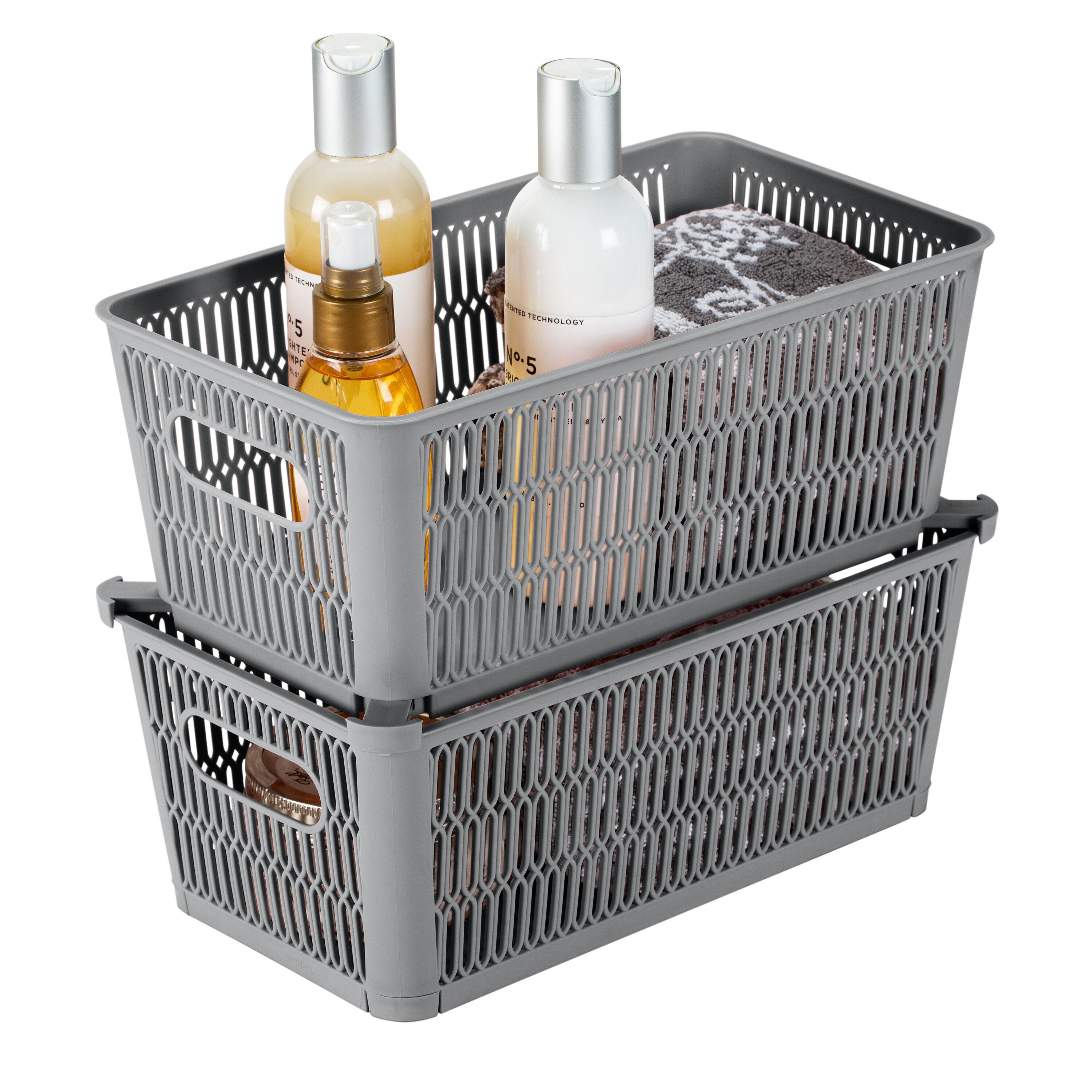 Simplify 2pk Slide and Stack Shelf Storage Tote Small Gray: Polypropylene Decorative Bins, 6.5" H x 4.5" D x 11" W