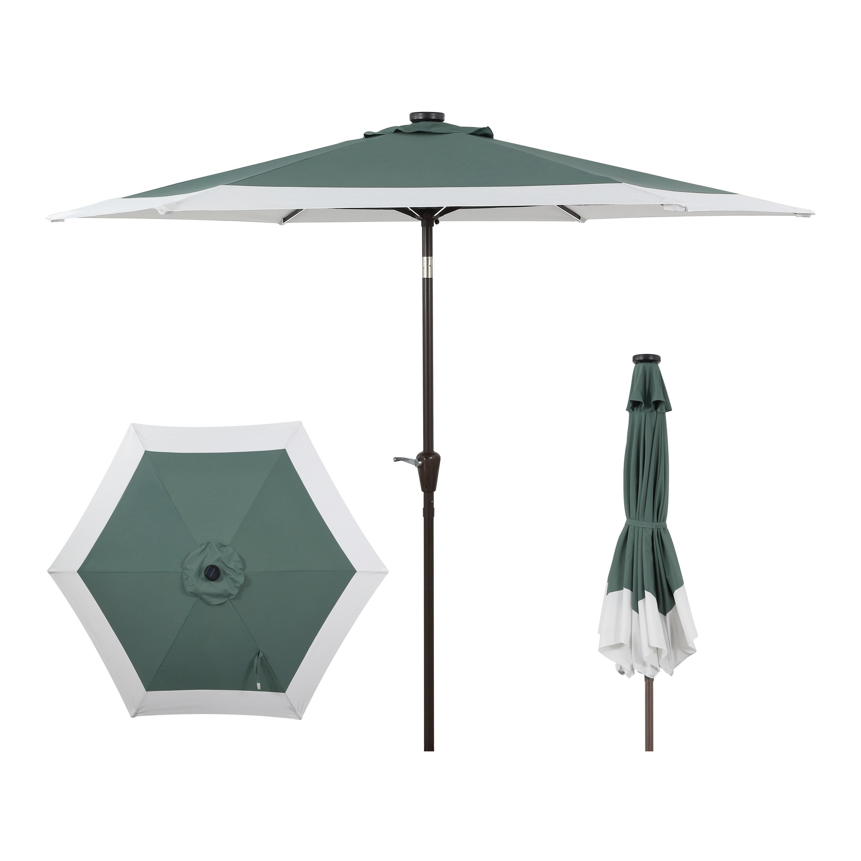 JONATHAN Y Spencer 9 ft. Classic Coastal 2-Tone Solar LED Market Patio Umbrella 12 LED Strip Lights, Auto-Tilt, Crank, UV Protection in Green/White