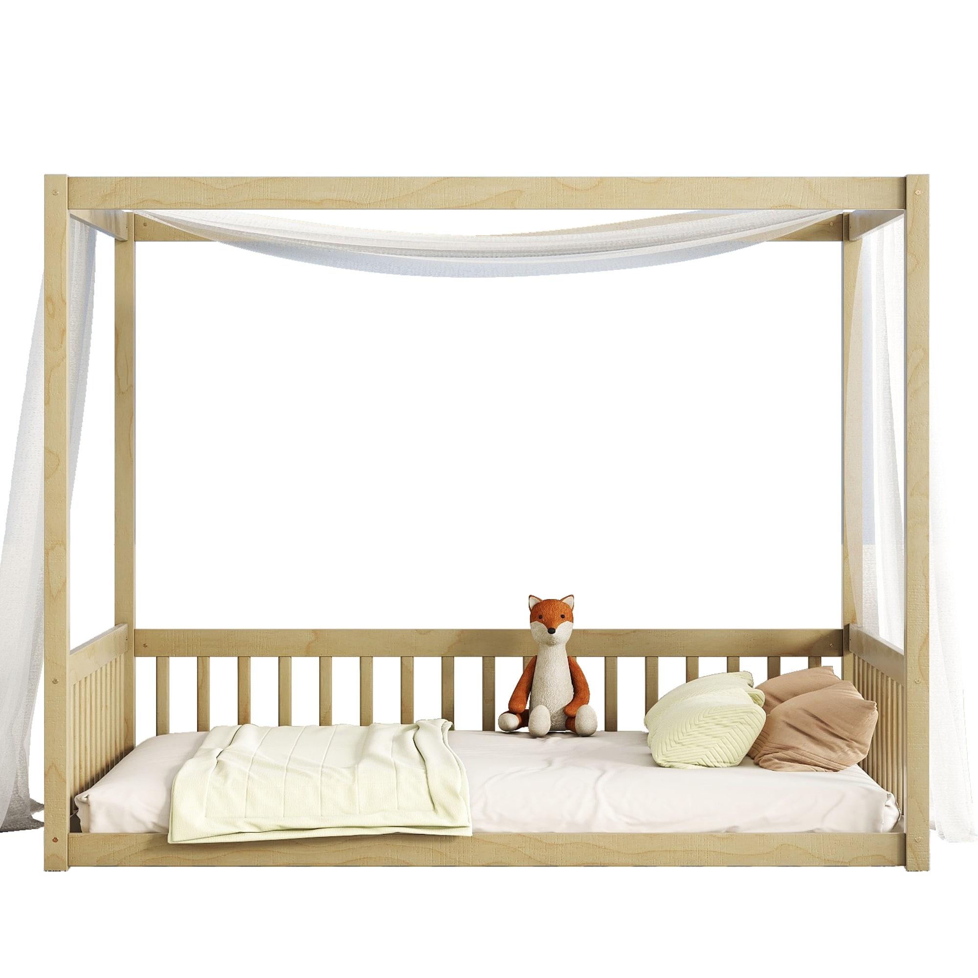 Canopy Frame Twin Size Floor Bed for Kids Bedroom,Wood Bed Frame with Fence for Boys/Girls/Teens,No Box Spring Needed,Natural