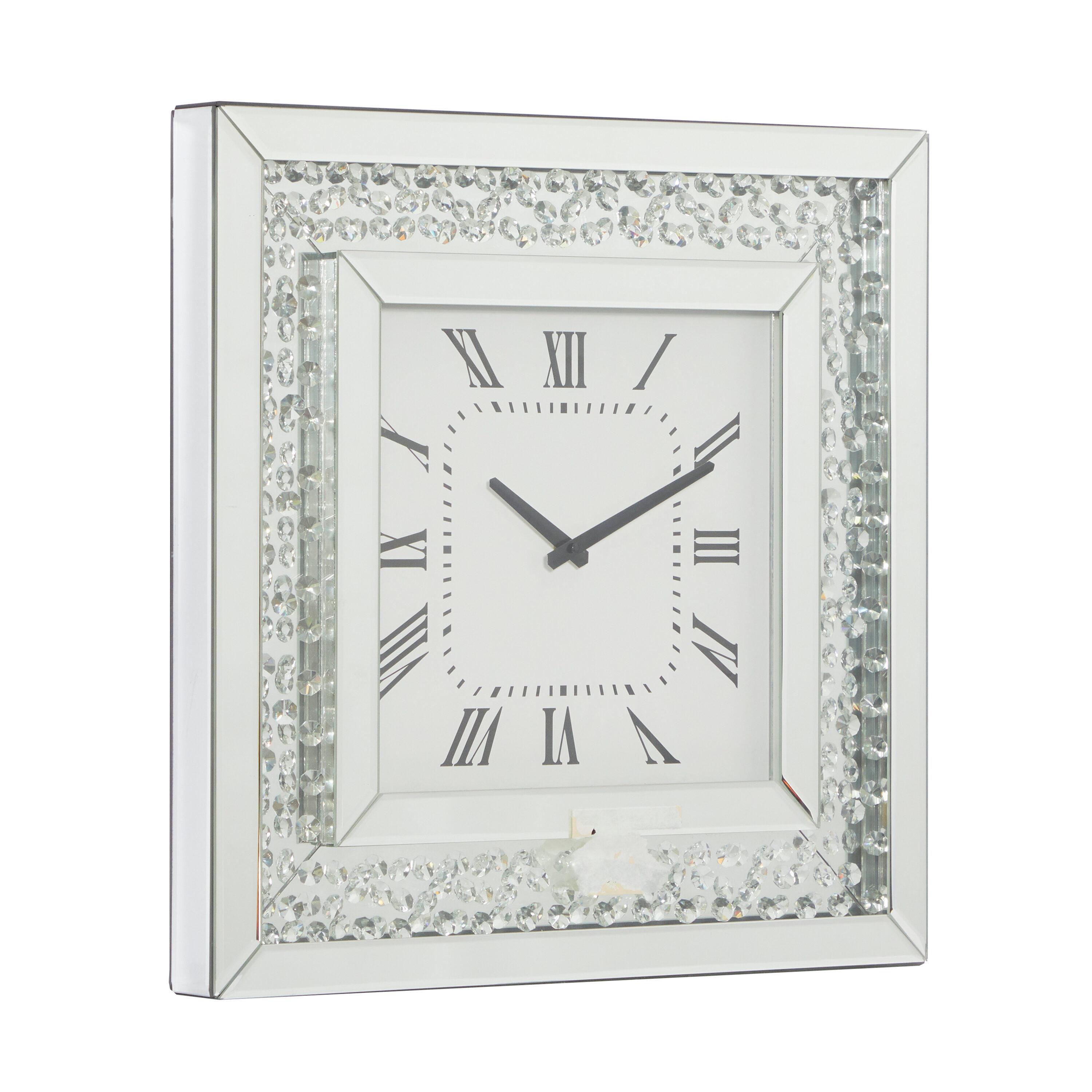 Wood Mirrored Wall Clock with Floating Crystals Silver - Olivia & May: Silent, Art Deco Style, Square Shape