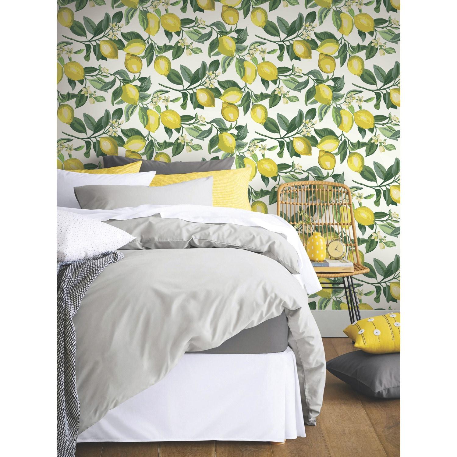 RoomMates Lemon Zest Peel and Stick Wallpaper Yellow/White: Removable Vinyl Botanical Fruit Pattern, Self-Adhesive, 28.2 Sq Ft Coverage
