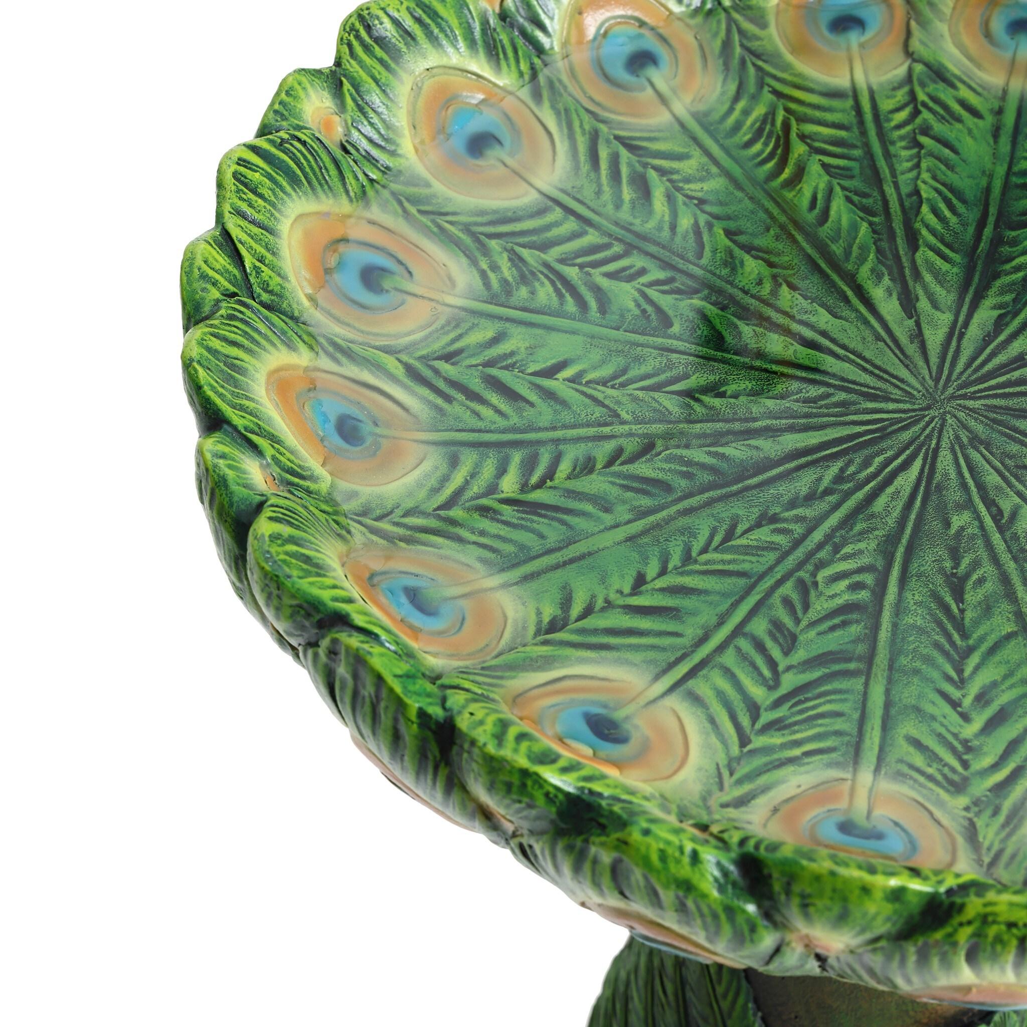 LuxenHome 20" Elegant Tall Peacock Outdoor Resin Bird Bath with Elegant Feather Basin for Garden, Patio Multicolored