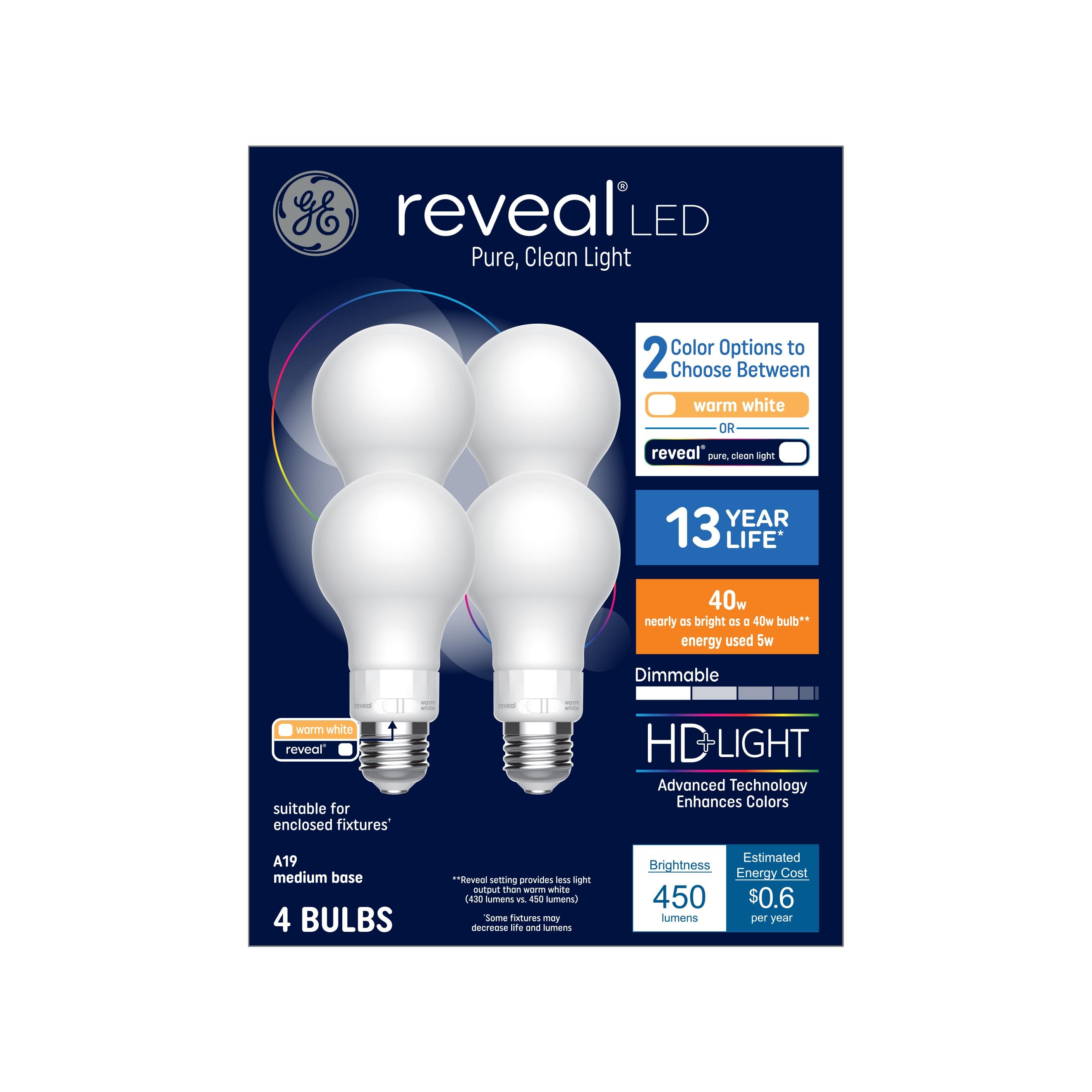 GE 4pk 40W Color Select A19 LED Light Bulbs: Warm White, 5W, Dimmable, 3000K, 450 Lumens, E26 Base, 13.7-Year Life
