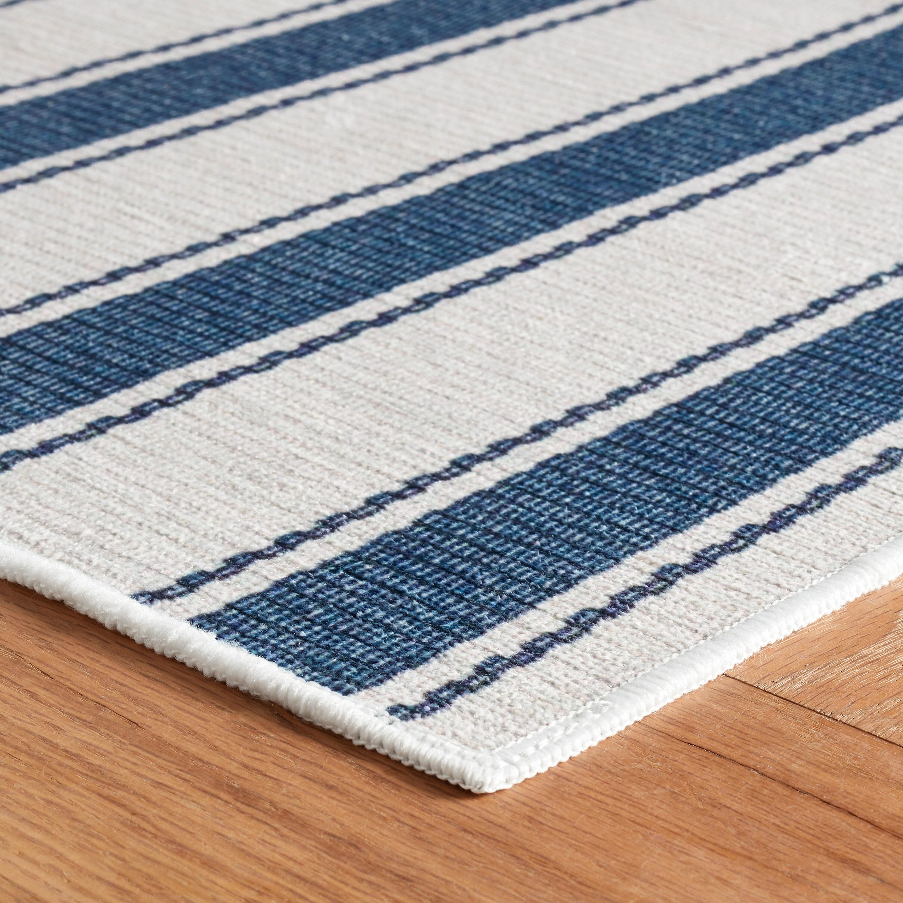 Blue Awning Stripe Machine Washable Rug