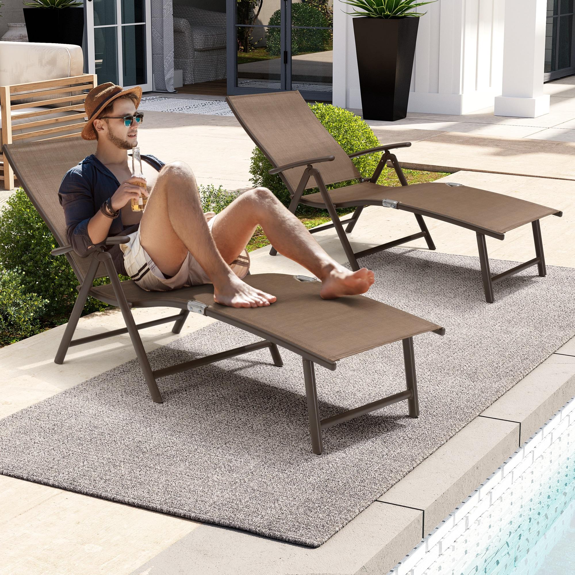 Crestlive Products  Outdoor Aluminum Folding Recliner Adjustable Chaise Lounge (Set of 2) - See Picture Brown Fabric, Brown Farme