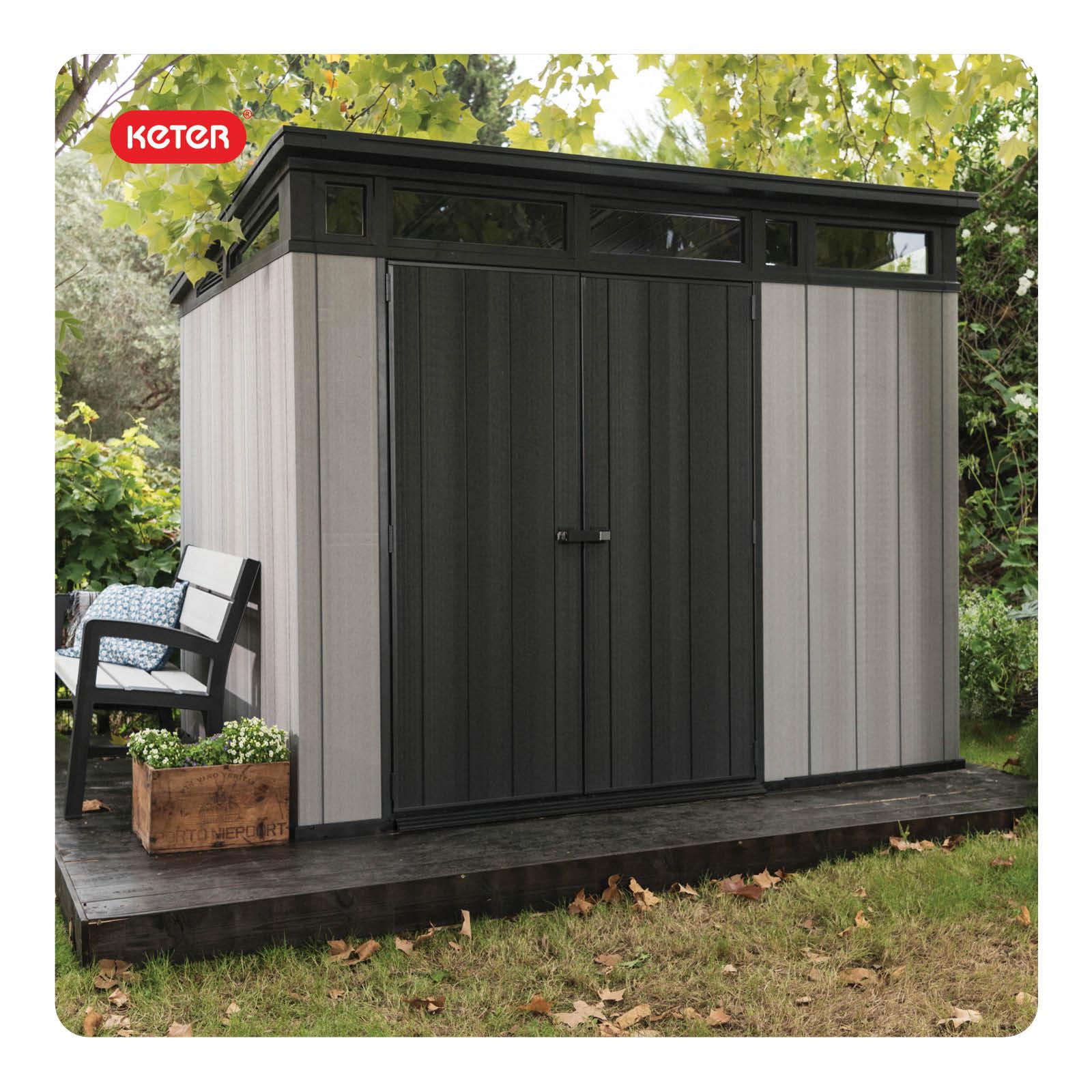 Keter Keter Artisan 9x7 ft. Modern Durable Resin Outdoor Storage Shed With Floor and Double Doors for Garden Patio Furniture and Tools, Grey