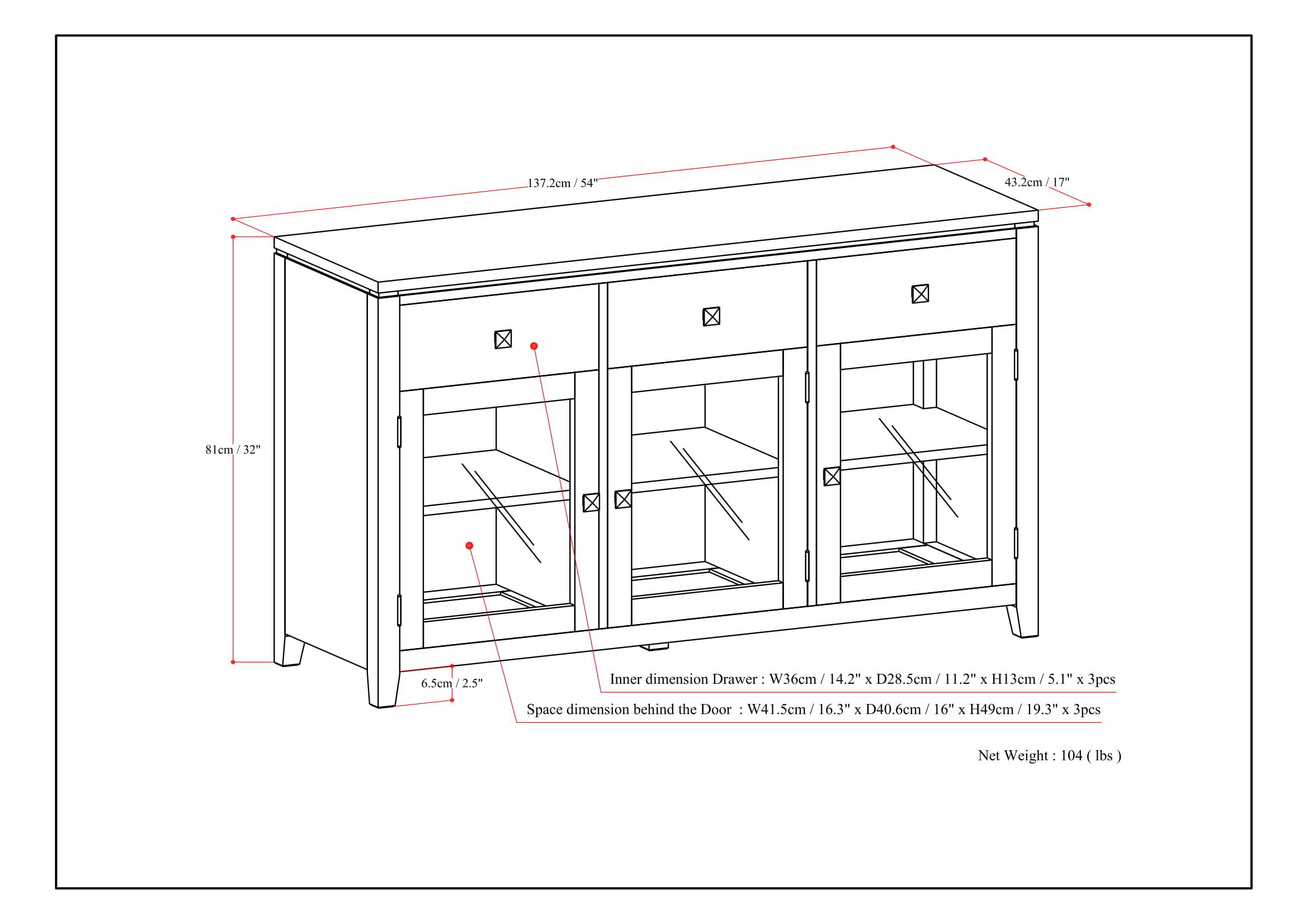 Simpli Home Cosmopolitan 54"W Solid Wood Contemporary 3-Door Sideboard Buffet with 3 Drawers