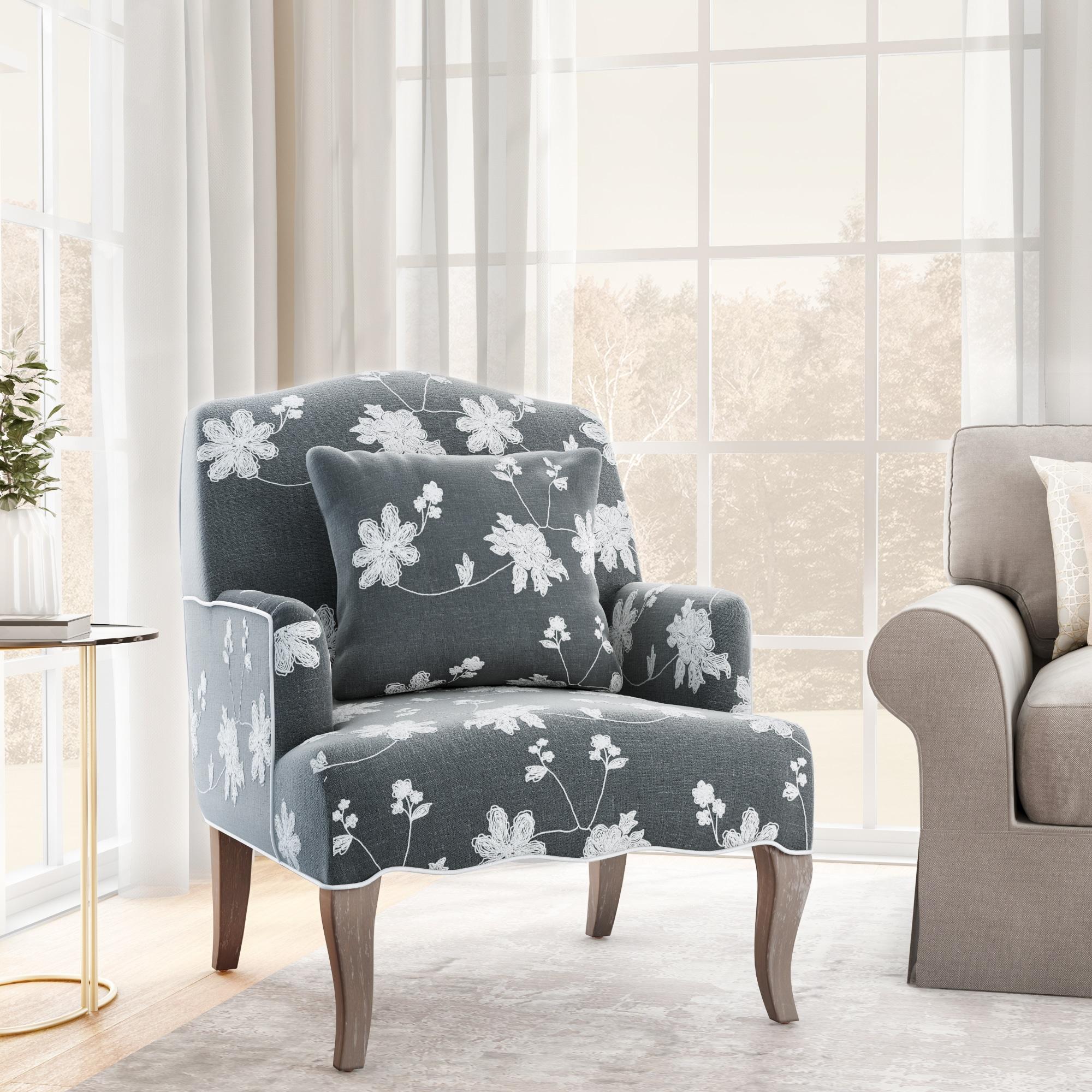 Traditional Floral Upholstered Embroidered Linen French Accent Armchair - Gray - Linon