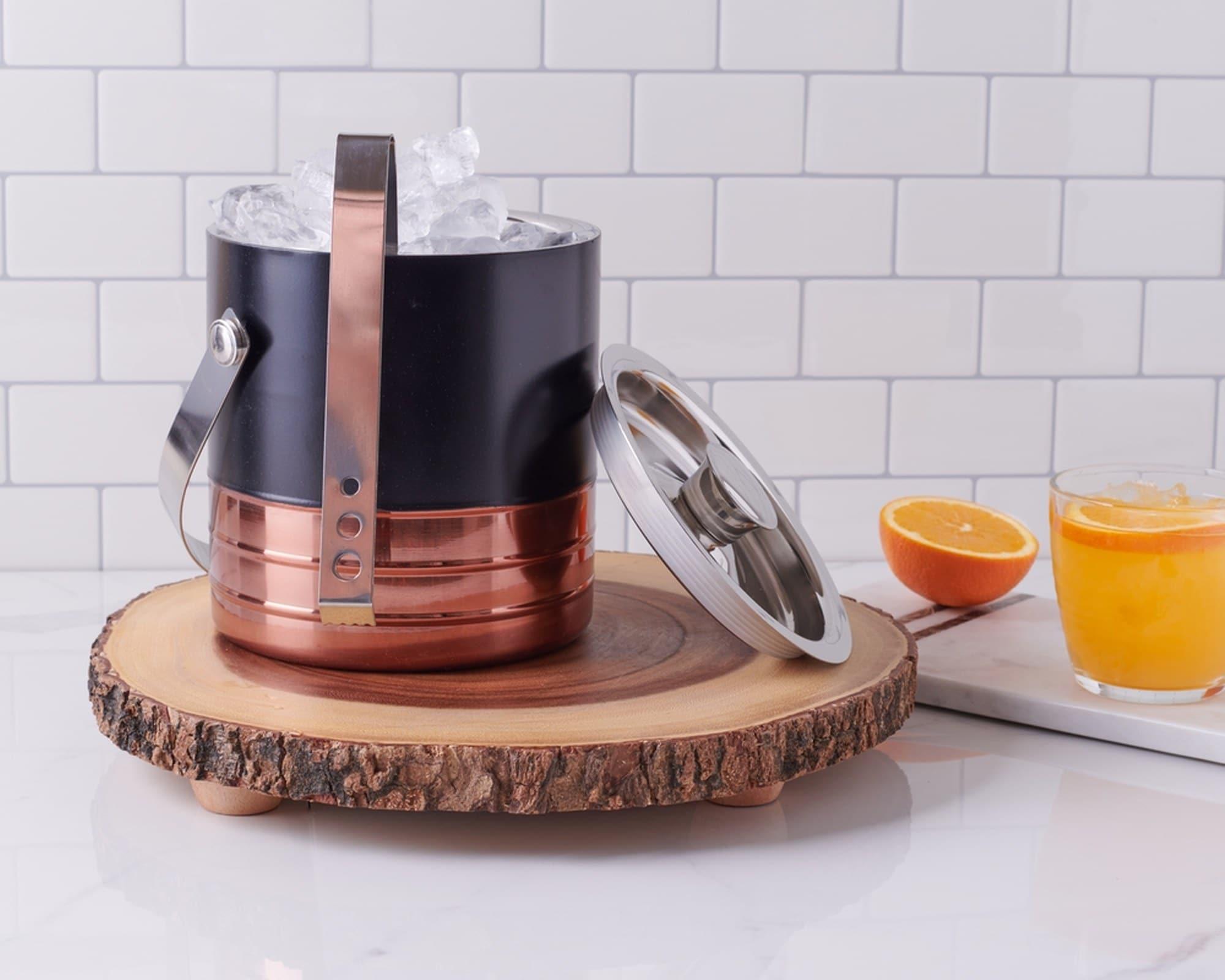 Sol Living  Ice Bucket Double Wall Stainless Steel with Lid and Tongs Copper and Black
