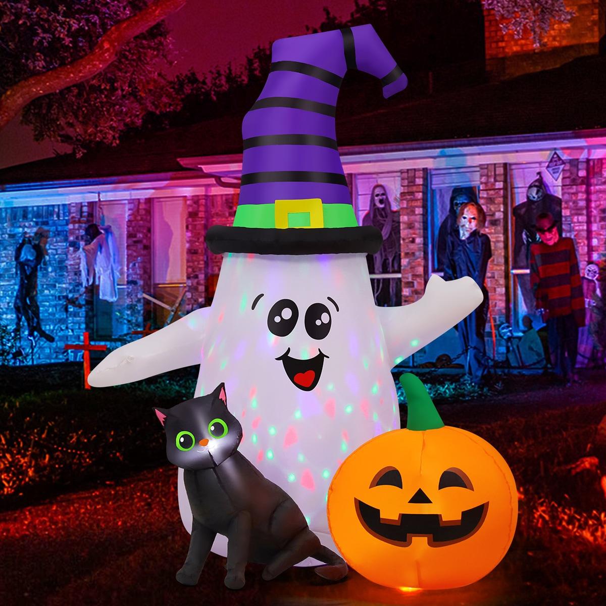 5 FT Halloween Inflatables Ghost Outdoor Decorations Blow Up Yard Cute Wizard Ghost With Pumpkin Black Cat With Built-In Leds For Garden Lawn Indoor Party Decor