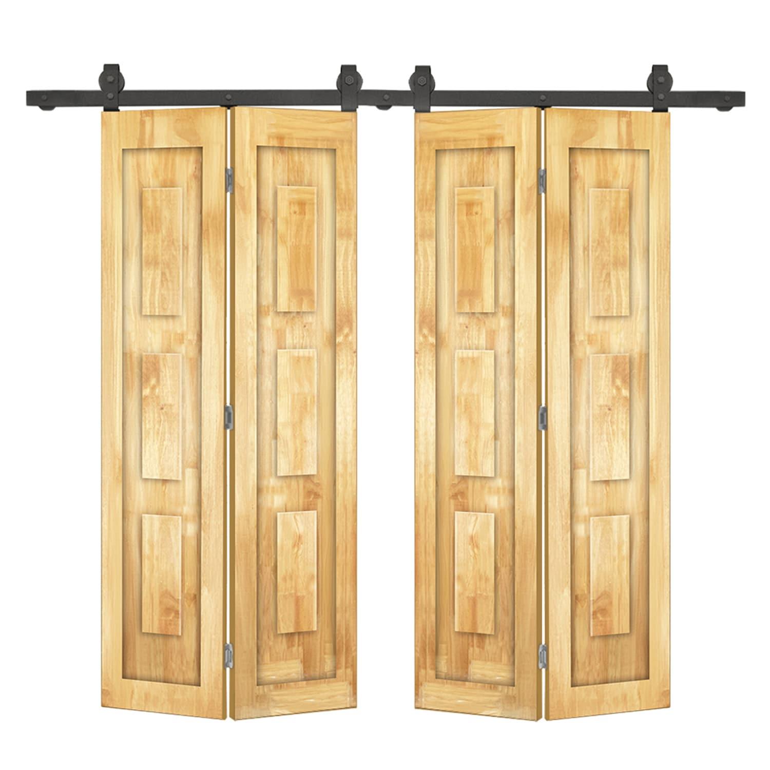 Calhome 3 Panel Shaker Pine Wood Double Bi-Fold Door with Sliding Barn Door Hardware Kit