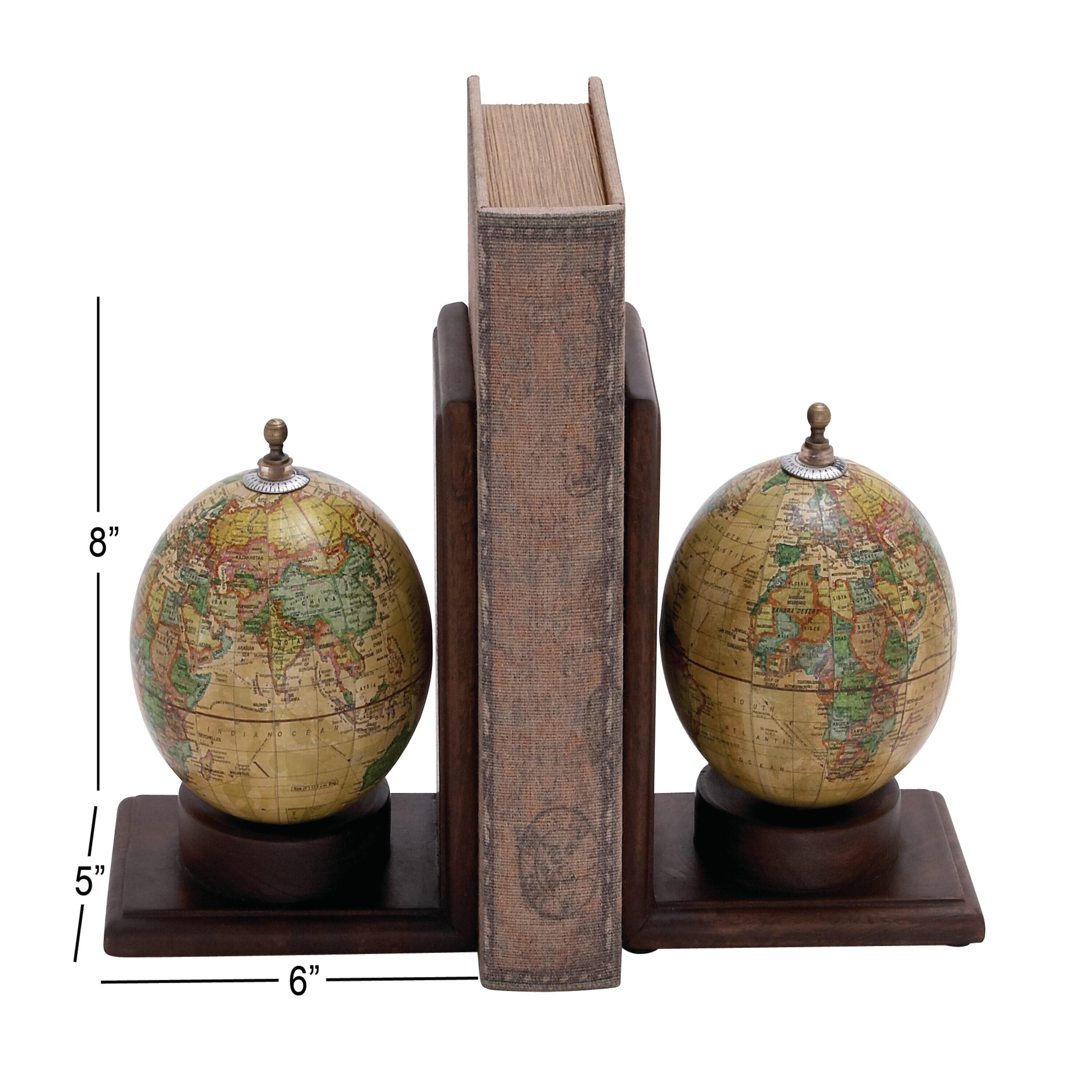 DecMode 6" Globe World Map Brown Wood Bookends (Set of 2)