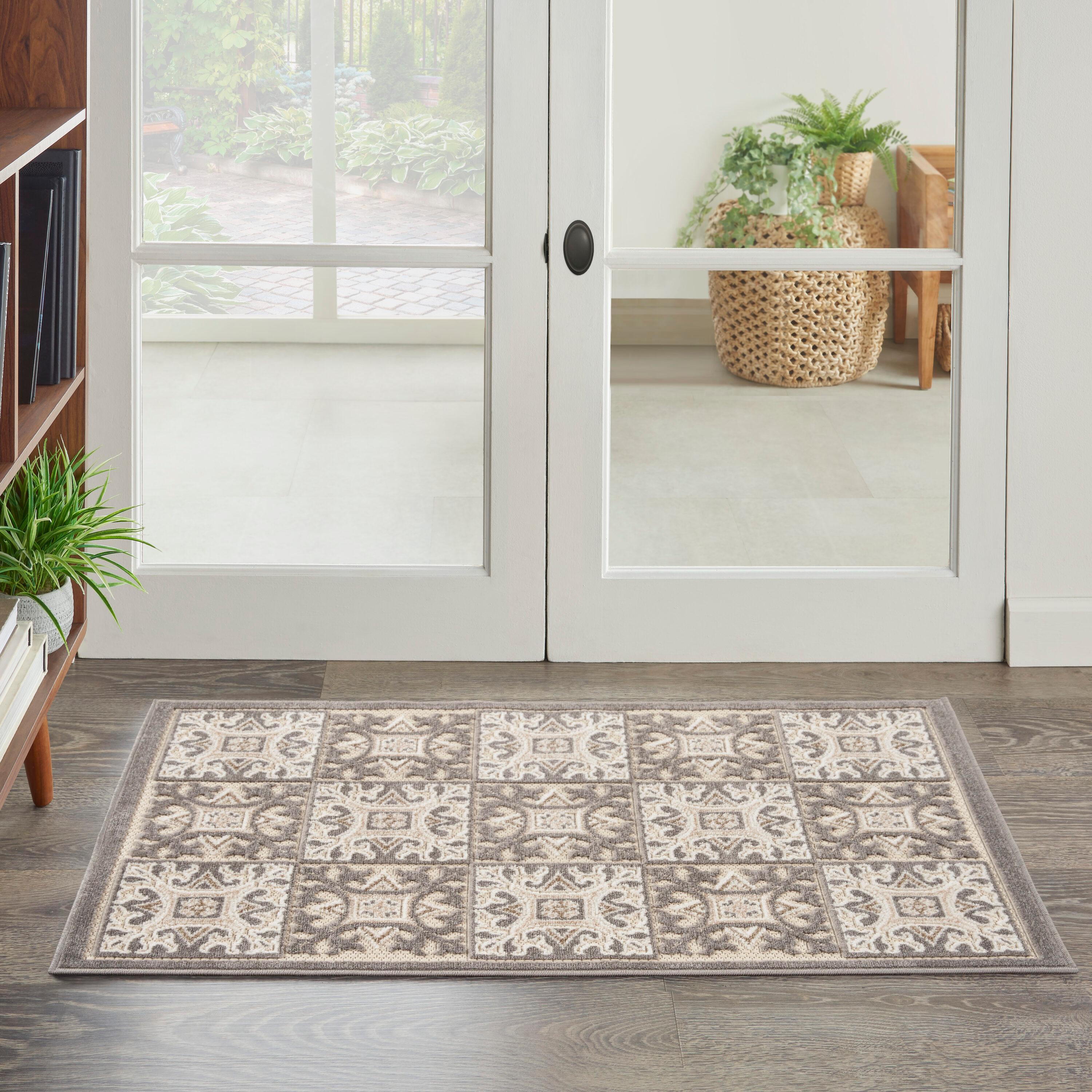 Nourison Aloha Modern Mosaic Flatweave High-Low Indoor Outdoor Area Rug Ivory Grey 2'8" x 4'