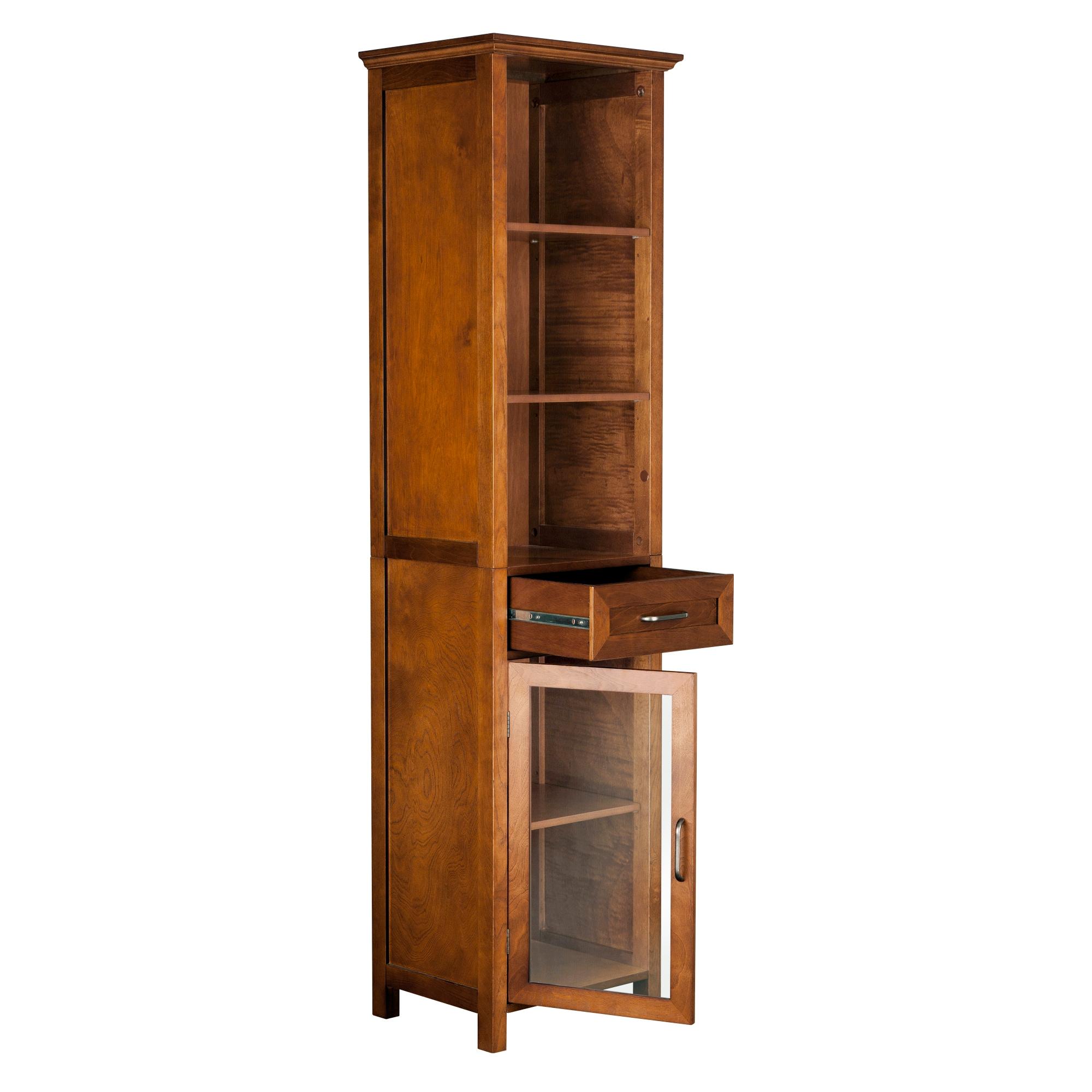 Oak Finish Bathroom Linen Tower Storage Cabinet with Shelves