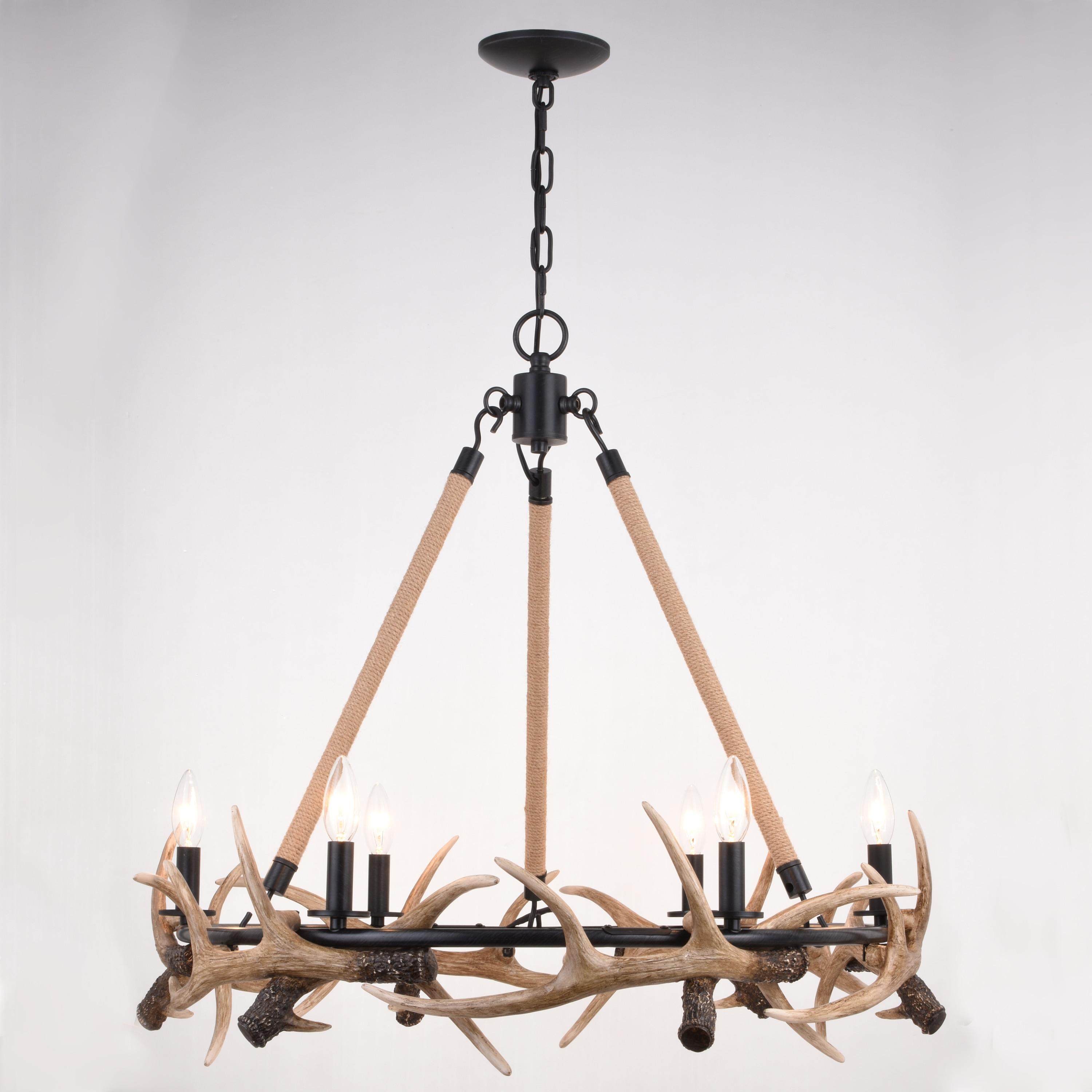Vaxcel Breckenridge 6 Light Bronze Rustic Antler Chandelier Natural Rope Accent