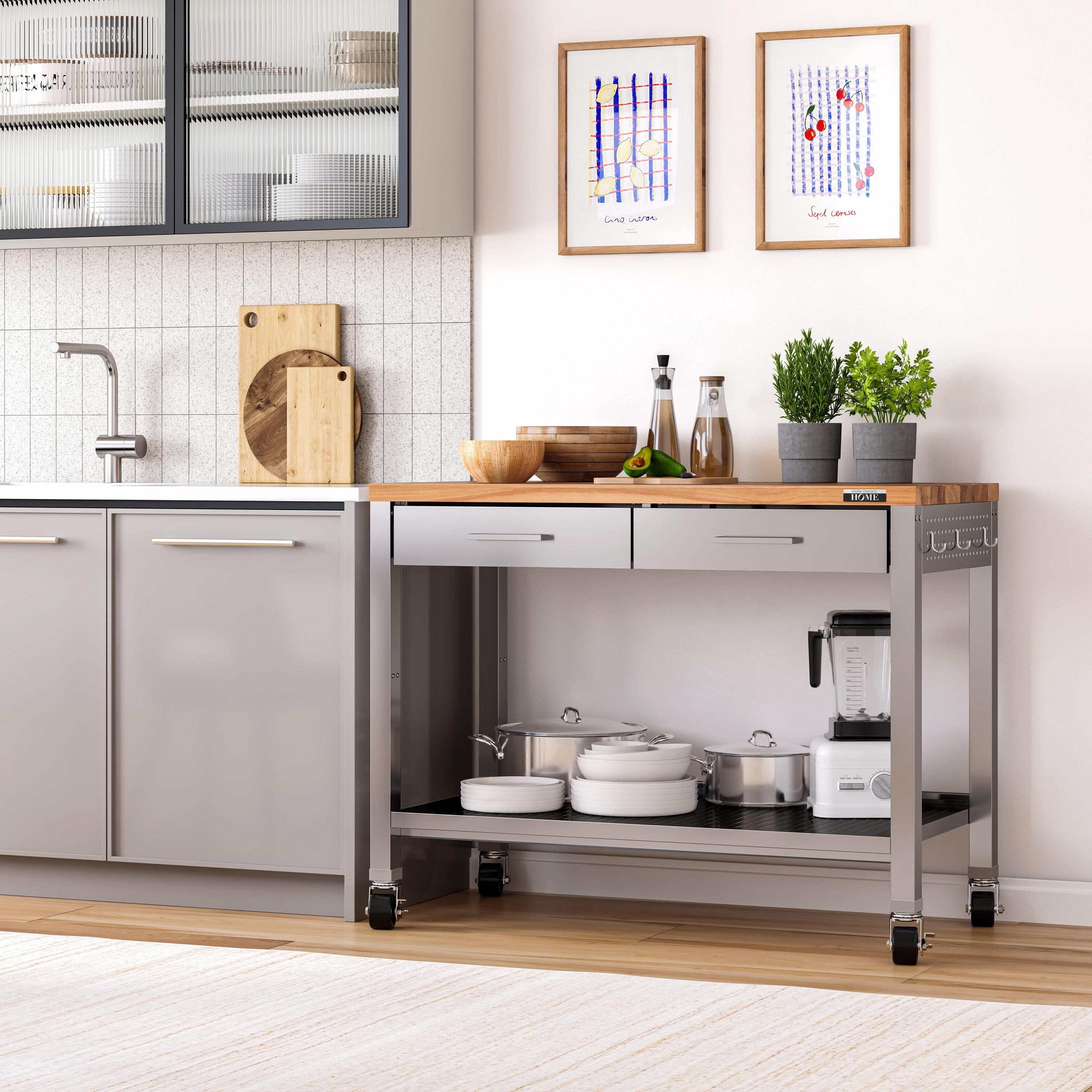 48'' Wide Stainless Steel Kitchen Rolling Cart Island with Solid Wood Top