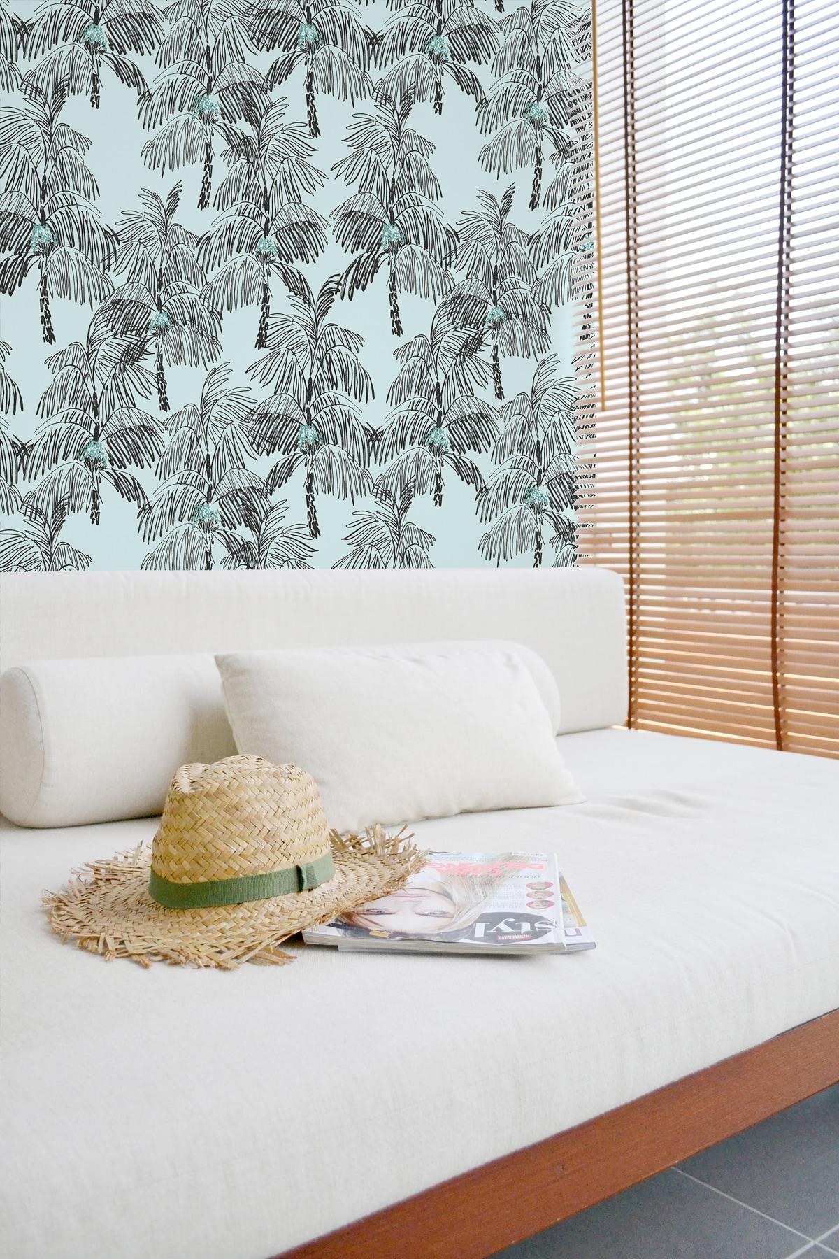 NextWall  Palm Beach Peel and Stick Wallpaper Sky Blue & Black