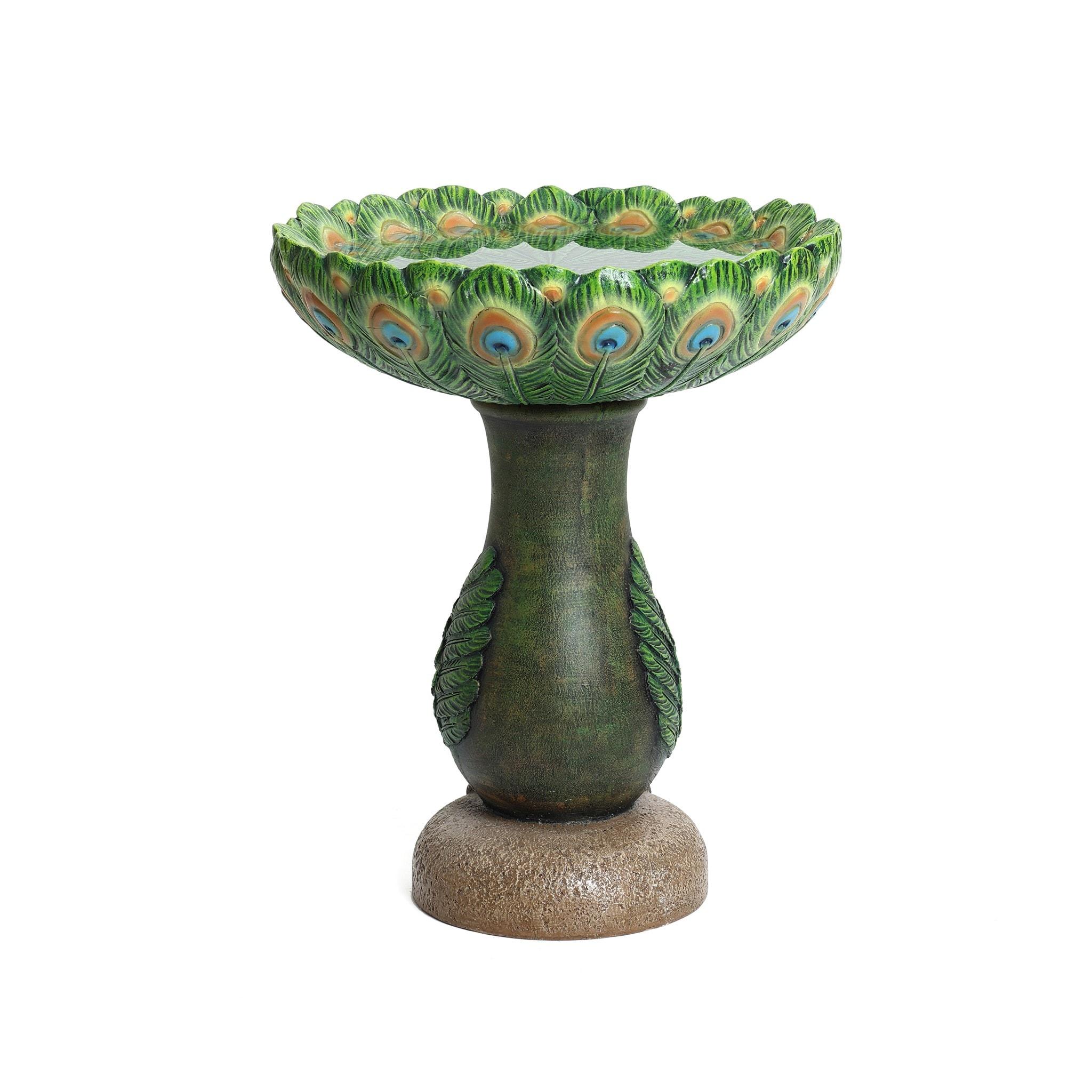 LuxenHome 20" Elegant Tall Peacock Outdoor Resin Bird Bath with Elegant Feather Basin for Garden, Patio Multicolored