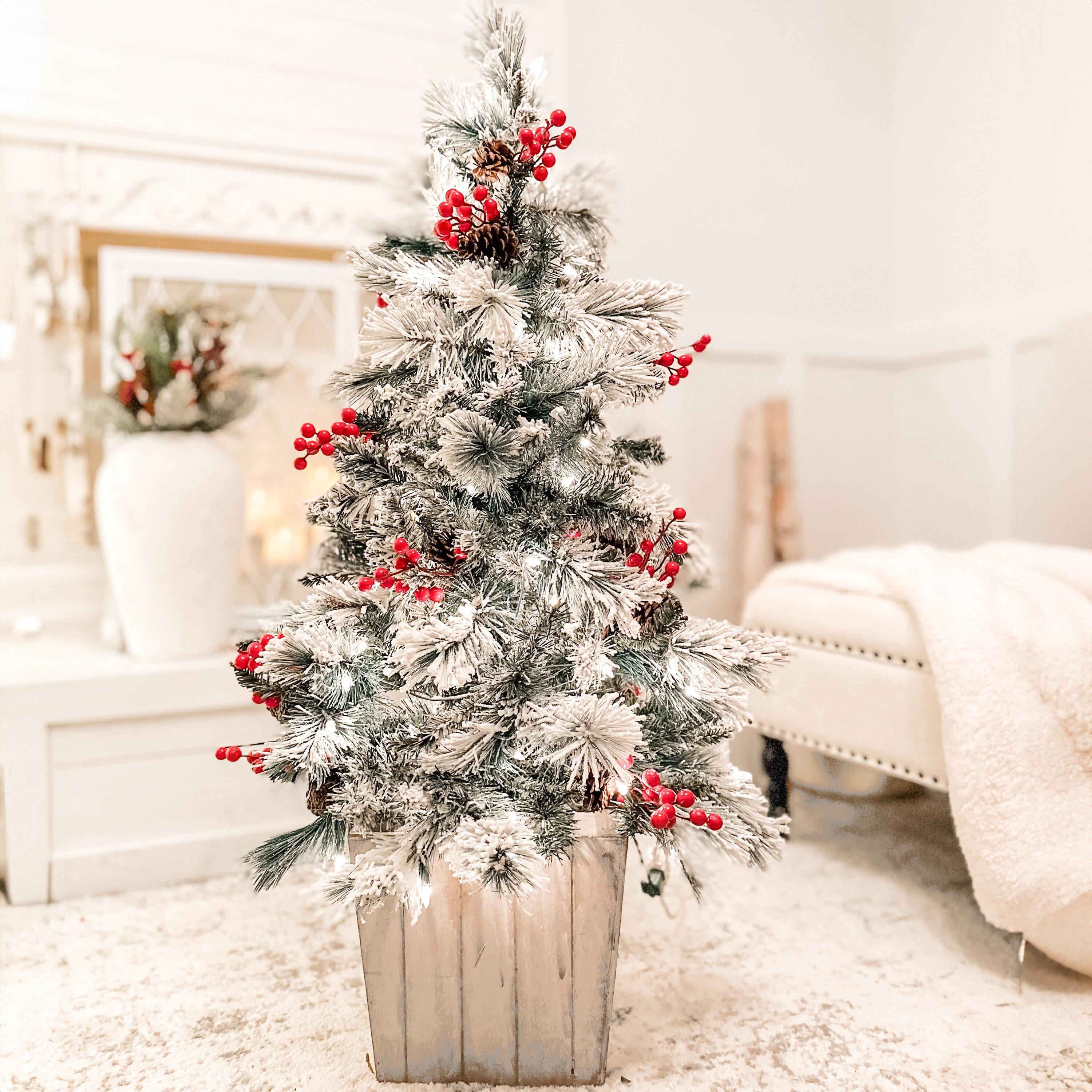 4ft Pre-Lit Flocked Ashcroft Fir Potted Artificial Christmas Tree - Haute Décor: Indoor Decor, Incandescent Lights