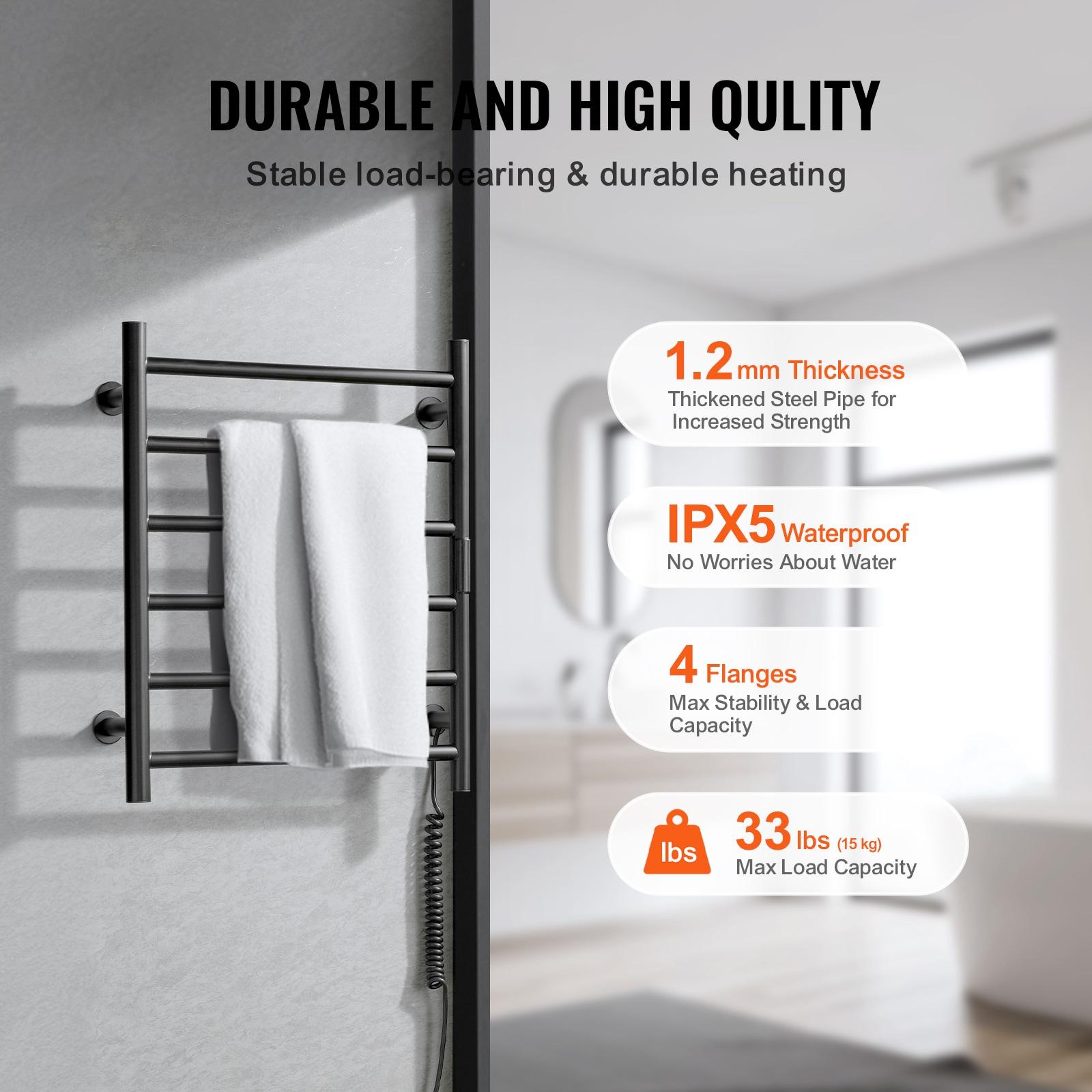 VEVOR 6 Bars Towel Warmer Rack, Wall Mounted Heated Towel Rack for Bathroom, IPX5 Waterpoof Towel Heater Rack with Timer & Display Screen, Black