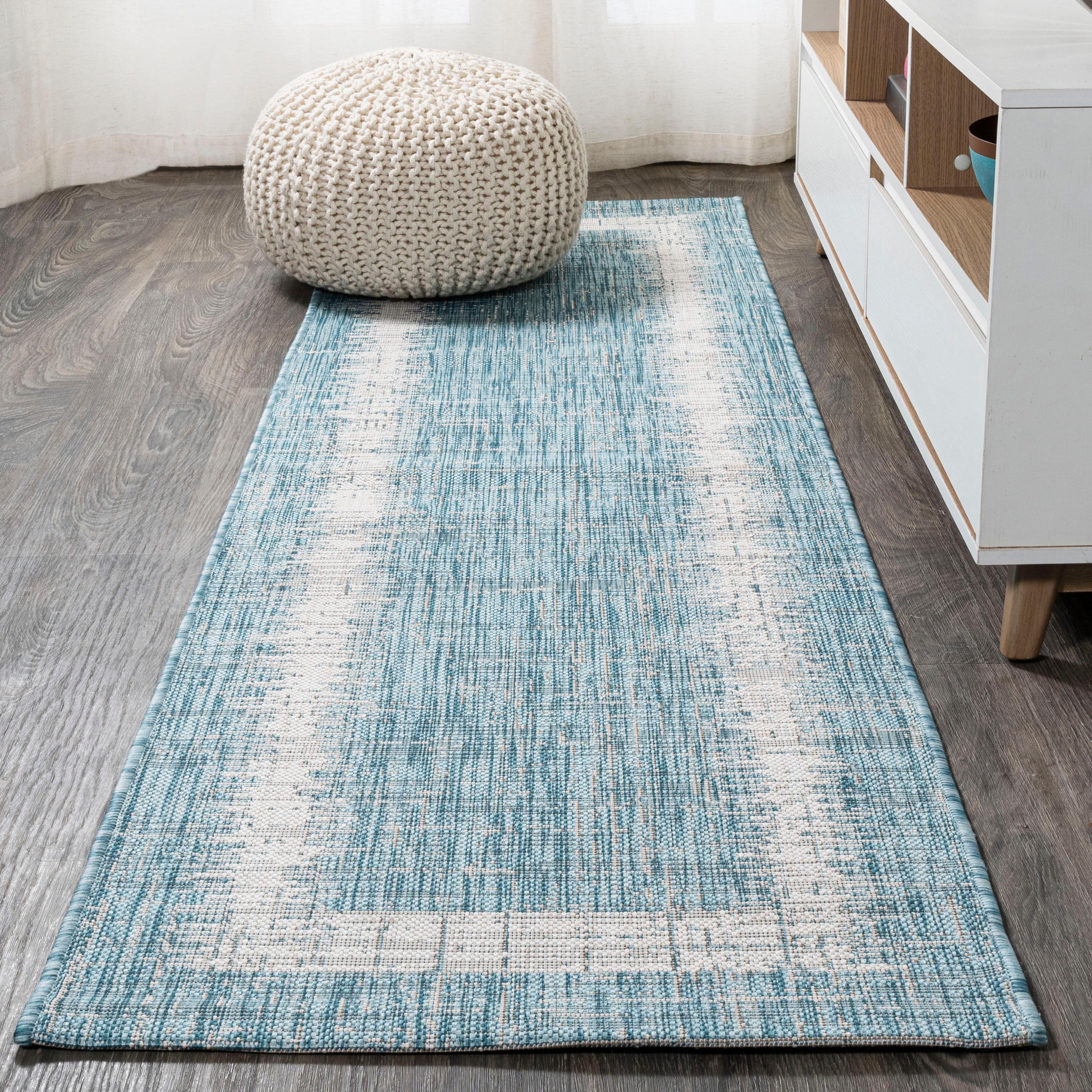 2'x10' Scandi Minimalist Border Indoor/Outdoor Runner Rug, Aqua - JONATHAN Y