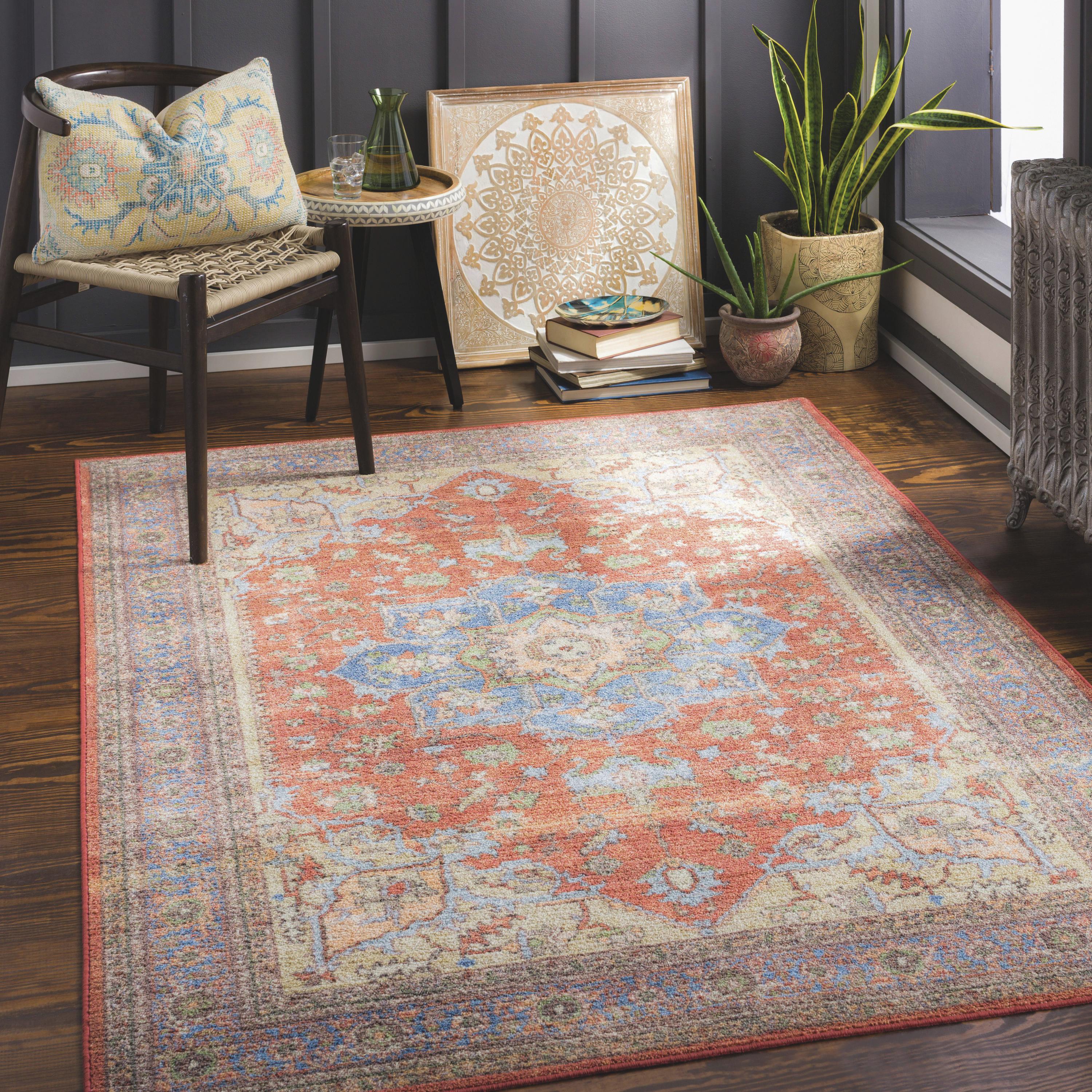 Elegant Red Synthetic 6'7" x 9' Easy-Care Rug