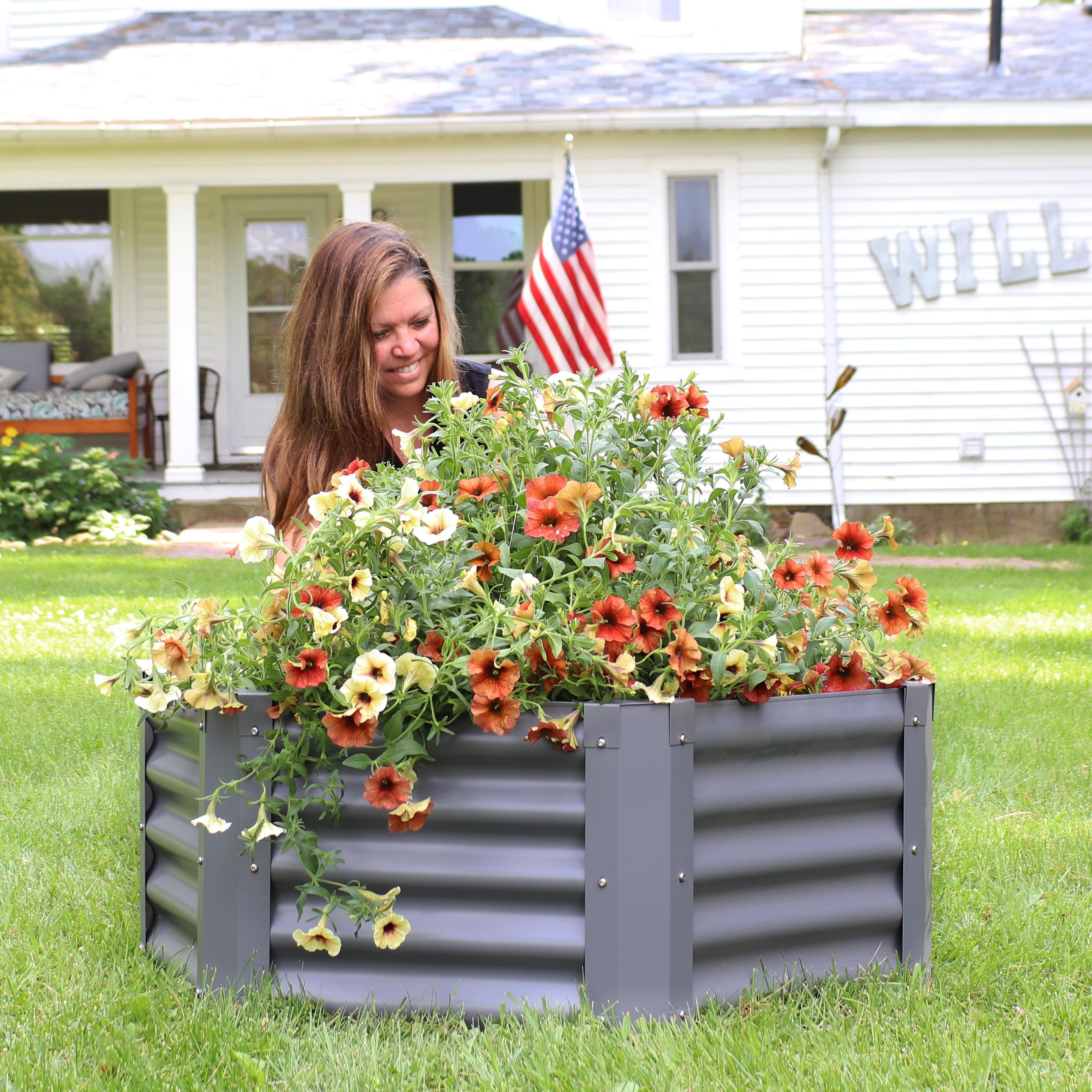 Sunnydaze Raised Powder-Coated Steel Hexagon Planter Garden Bed Kit for Plants, Flowers, Vegetables and Herbs - 41" W x 16" Deep - Gray