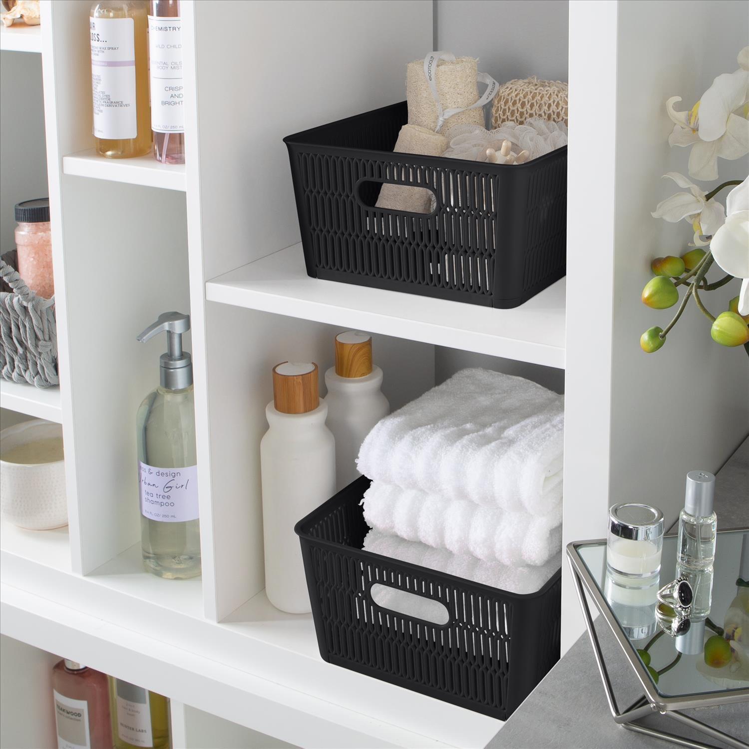 Simplify Slide 2 Stack It 2 Pack Plastic Storage Tote Baskets in Black