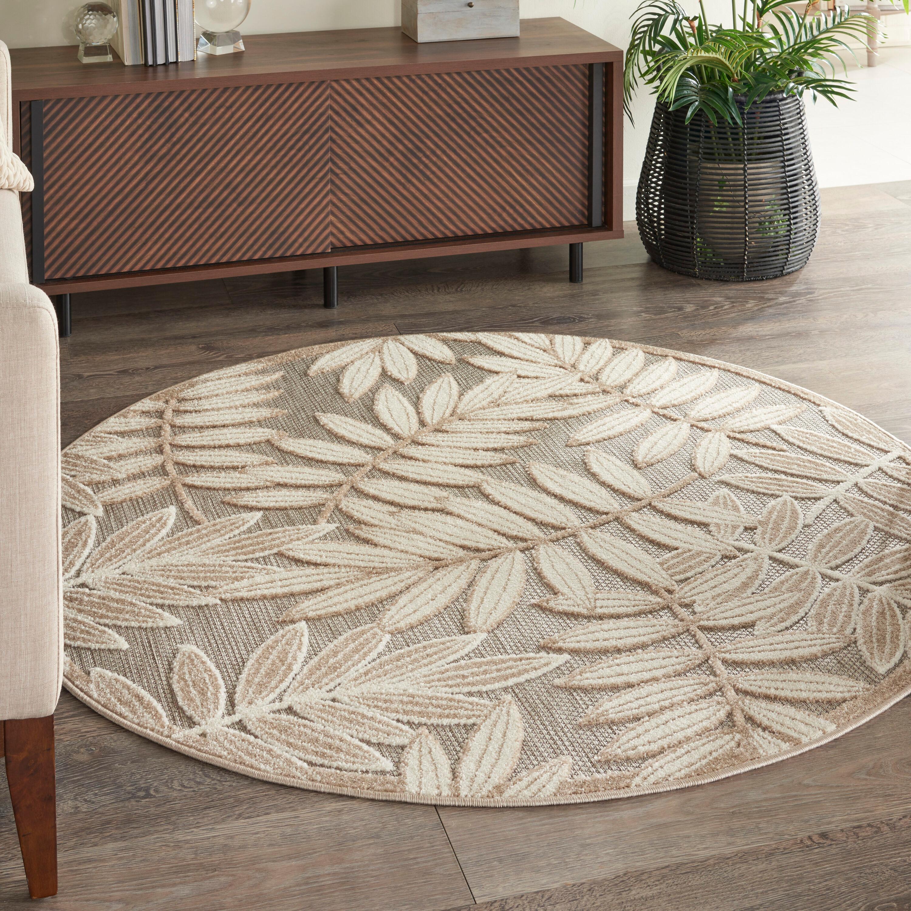 Nourison Aloha Floral Leaf Flatweave High-Low Indoor Outdoor Round Rug Natural 5'3" x 5'3"