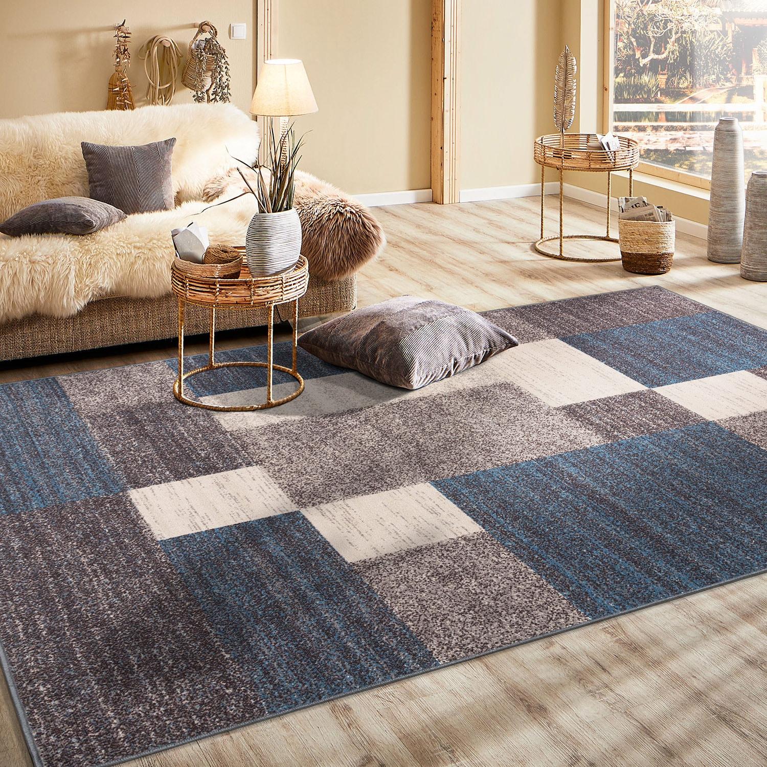 World Rug Gallery Modern Boxes Design Non-slip (Non-skid) Blue 3'3" x 5' Area Rug
