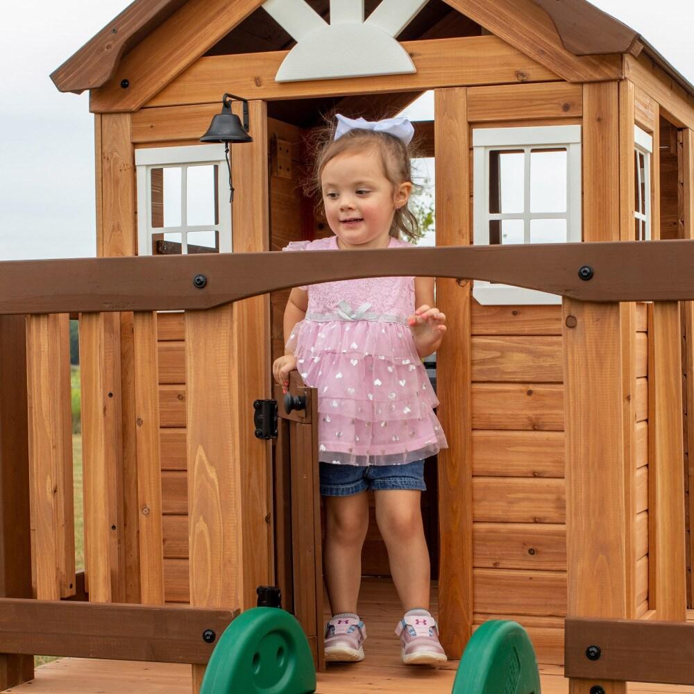 Backyard Discovery Echo Heights Cedar Wooden Elevated Playhouse, Slide, Play Kitchen