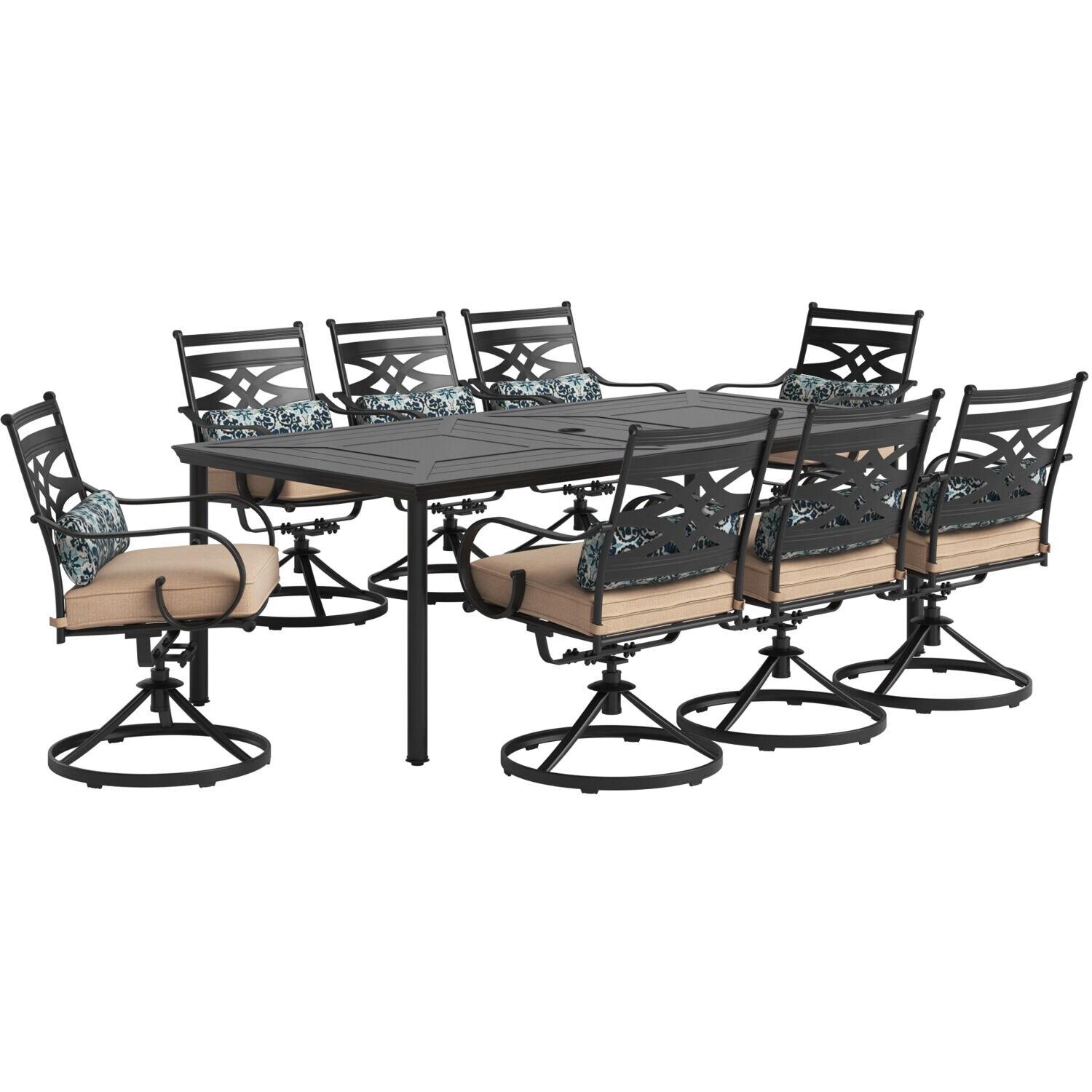 Hanover Montclair 9-Piece All-Weather Outdoor Patio Dining Set, 8 Swivel Rocker Chairs with Comfortable Seat and Lumbar Cushions, 84"x42" Stamped Rectangle Table, MCLRDN9PCSW8-TAN