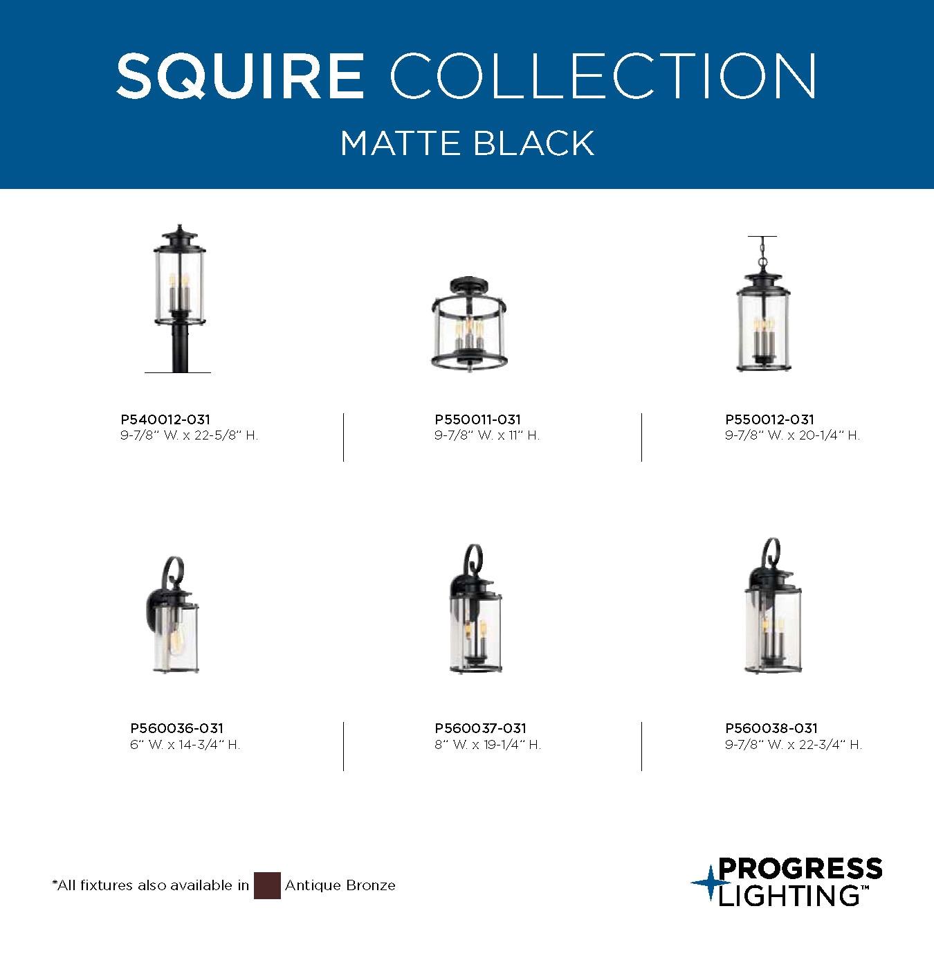 Progress Lighting, Squire Collection, 2-Light Medium Wall Lantern, Black Finish, Clear Glass Shade