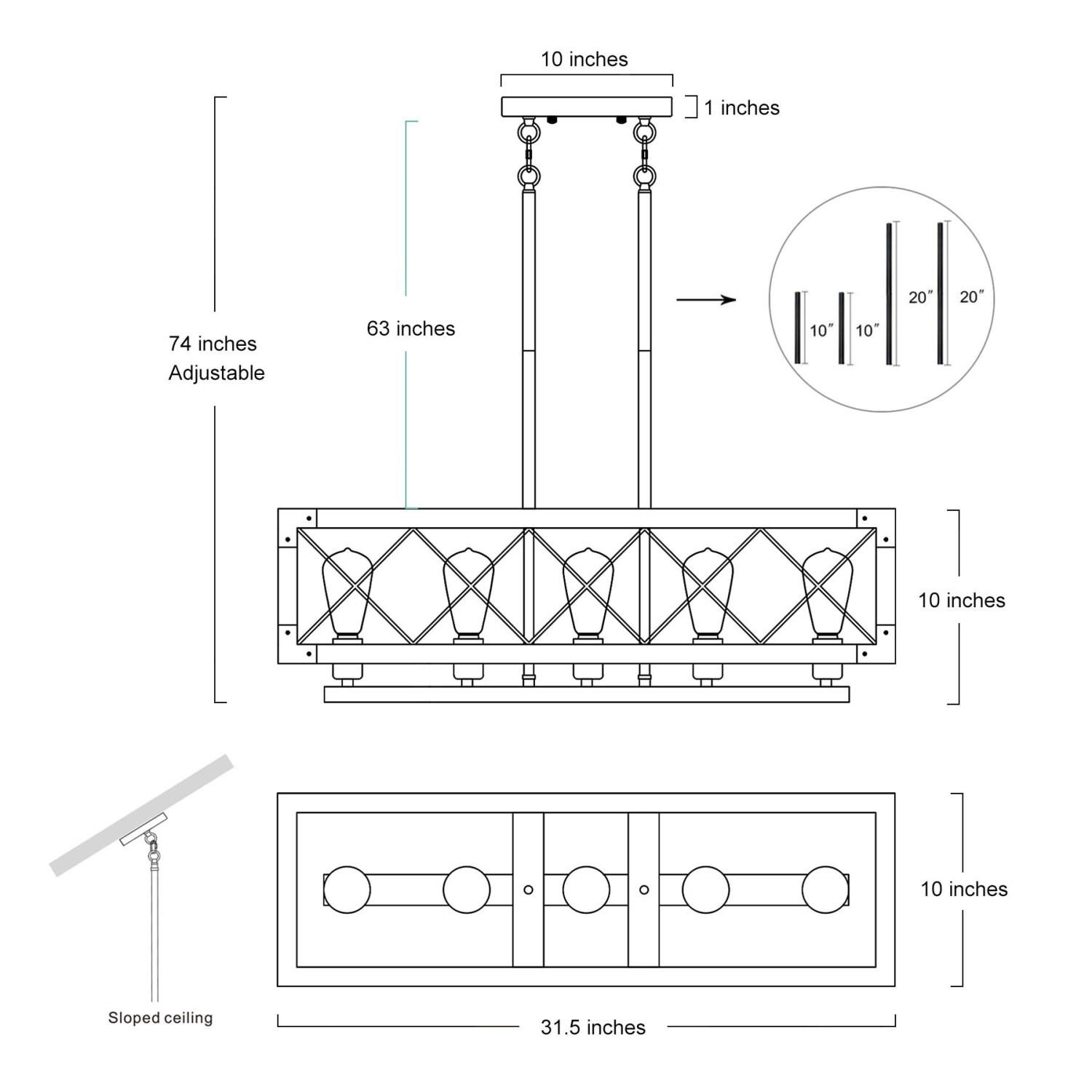 Farmhouse 5-Light Wood and Black Metal Chandelier, Rectangular Kitchen Island Light Fixture