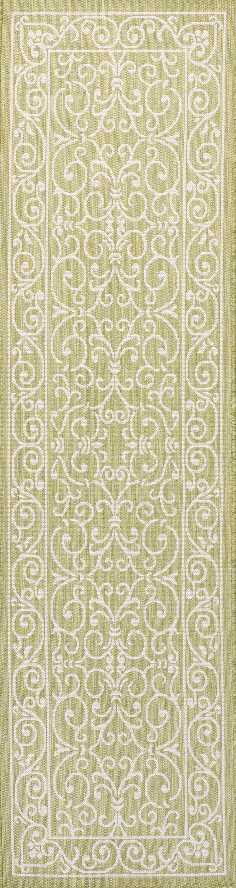 2' x 8' Charleston Vintage Filigree Textured Weave Indoor/Outdoor Runner Rug, Green/Cream - JONATHAN Y
