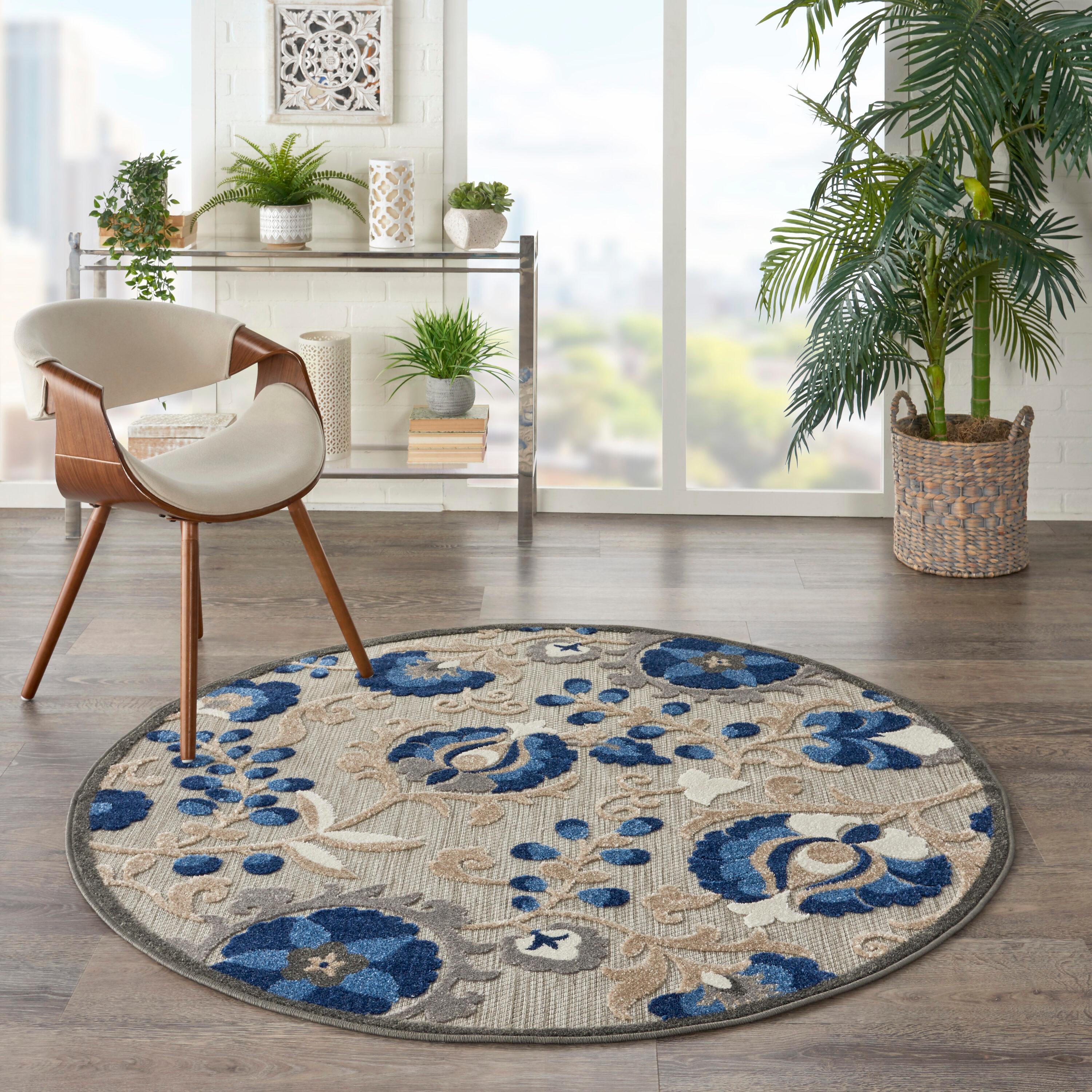 Nourison Aloha Floral Textured Flatweave High-Low Indoor Outdoor Round Rug Natural/Blue 5'3" x 5'3"