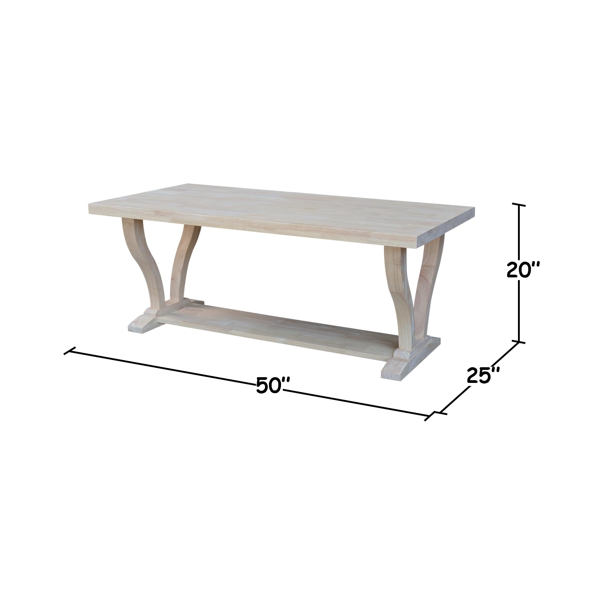 Lacasa Solid Wood Coffee Table Unfinished - International Concepts: Rubberwood, Transitional Style, Fixed Shelf