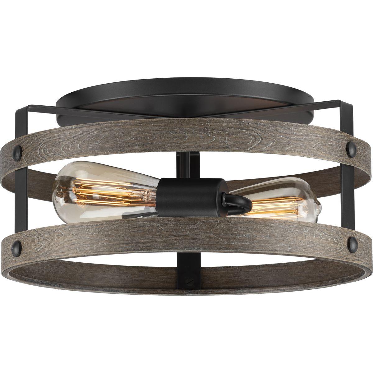 Progress Lighting Gulliver 2-Light Flush Mount Ceiling Light, Graphite, Open-Cage Design, Faux-Wood Finish