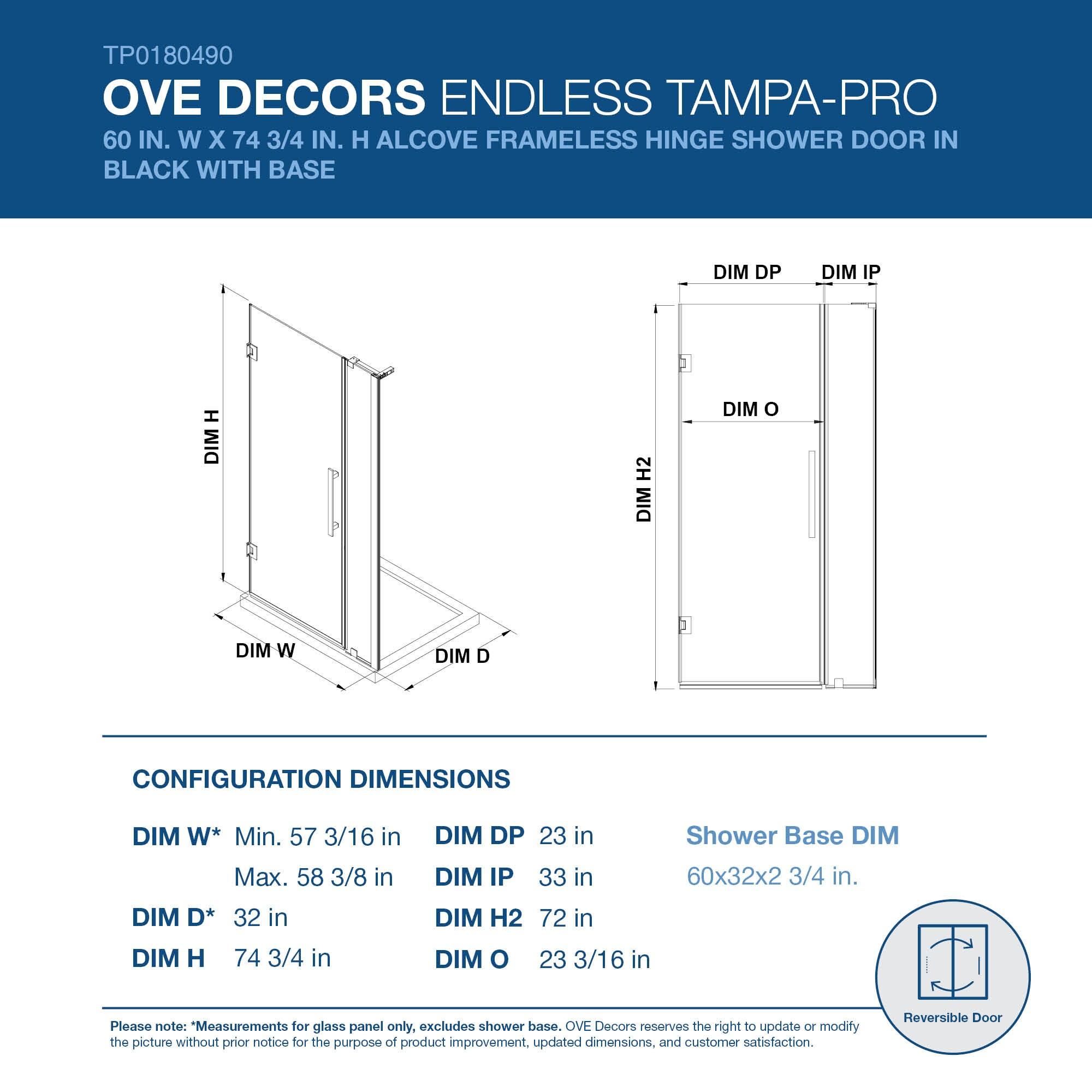 Ove Decors Endless Tampa-Pro 60" W x 72" H Alcove Frameless Shower Kit, Door, Panel, Base TP0180190