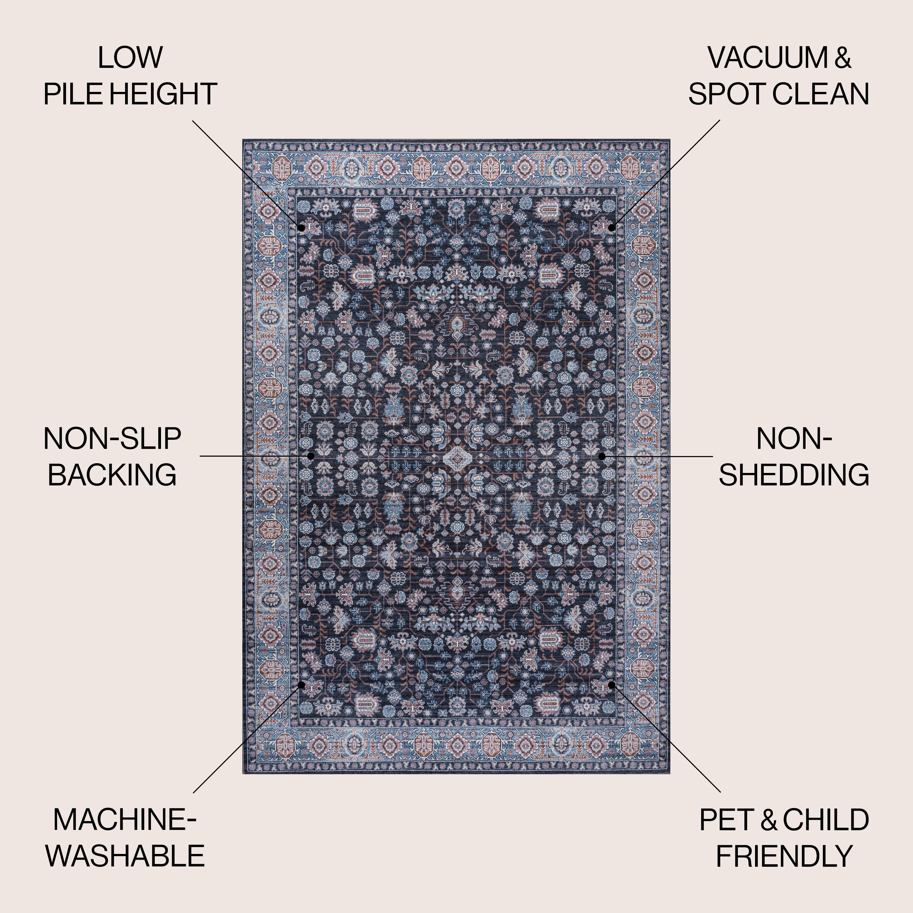 Kemer All-Over Persian Machine-Washable Black/Blue 3 ft. x 5 ft. Area Rug - JONATHAN Y