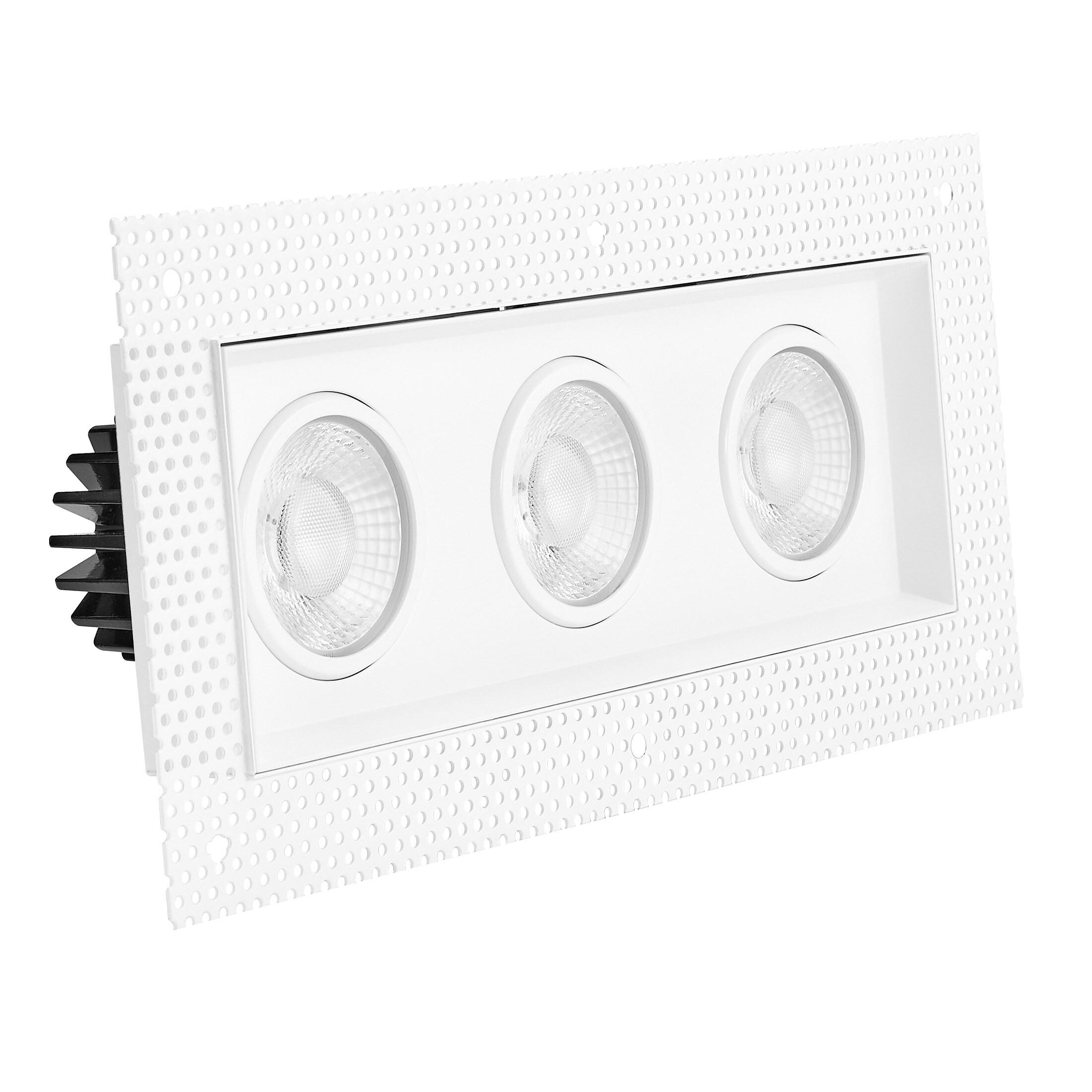 Maxxima 4 in. 3 Head Trimless LED Slim Square Recessed Anti-Glare Gimbal Downlight, White, Canless IC Rated, 3000 Lumens, 5 CCT 2700K-5000K