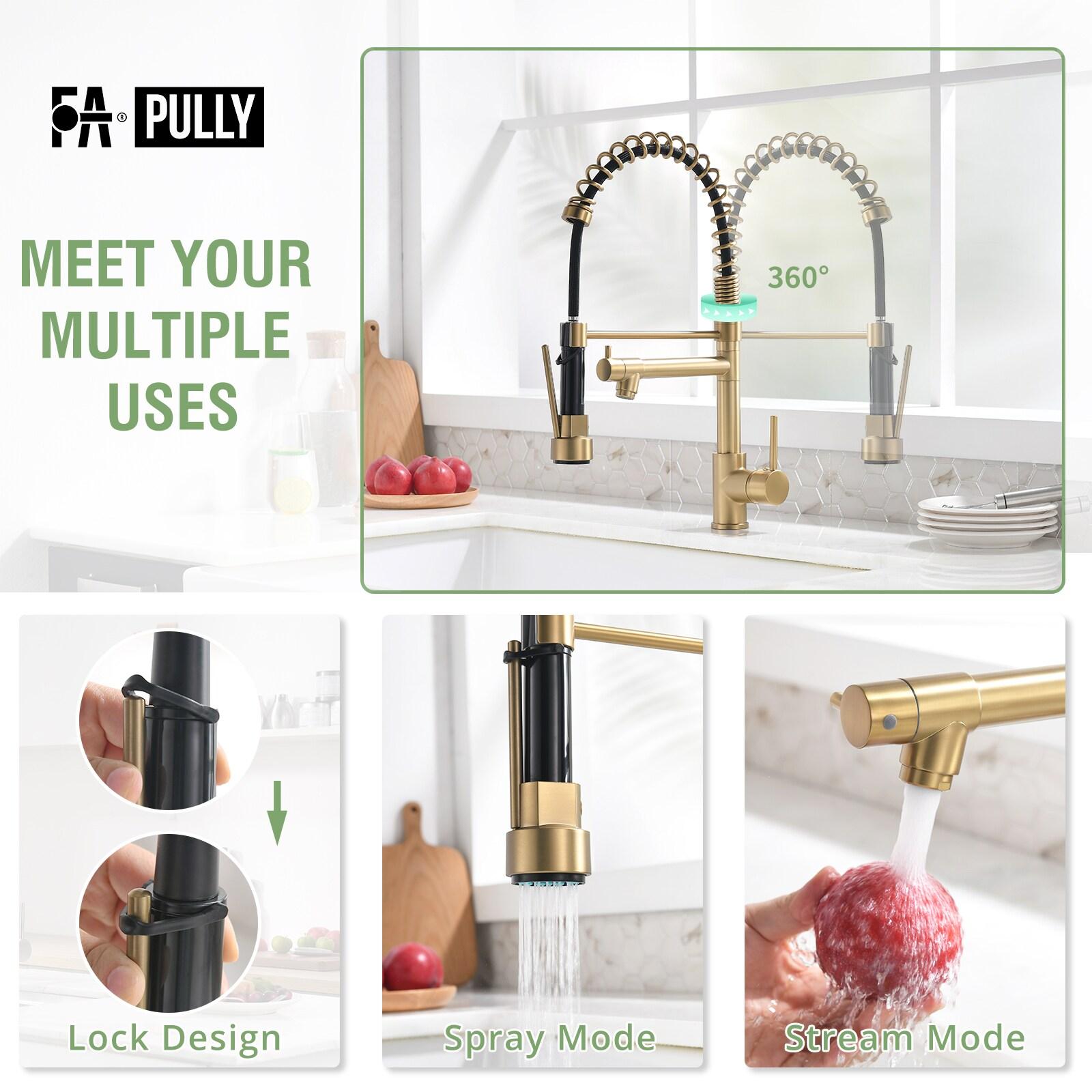 Fapully Single Handle High Arc Brushed Gold Pull Down Kitchen Faucet LED,Single Level Kitchen Sink Faucets with Pull Down Sprayer