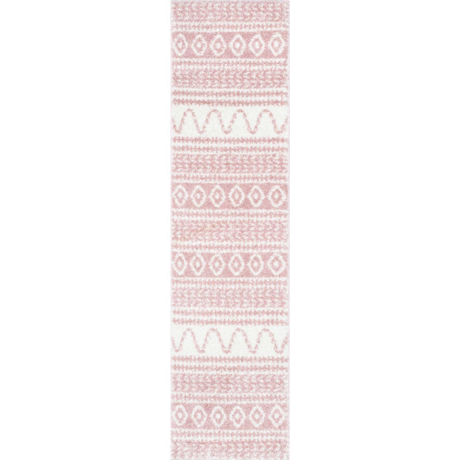 Well Woven Diamond Stripes Shag Blush Cozy 1" Thick 2'7" x 9'10" Runner Pink Area Rug