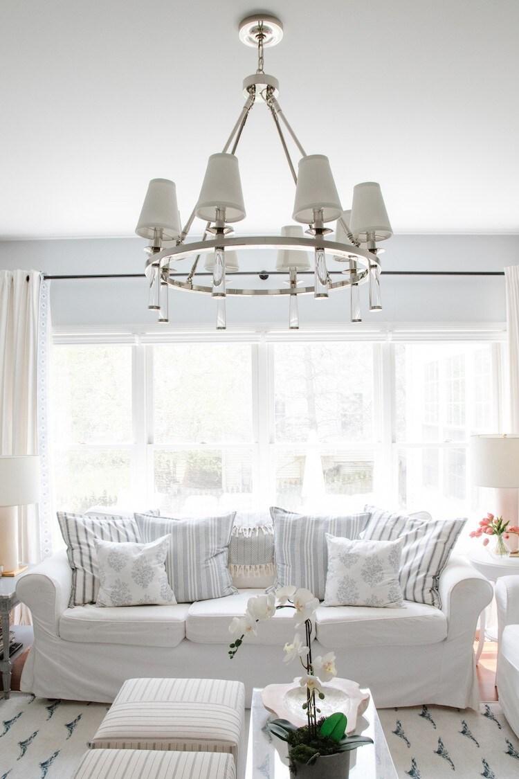 Chic Polished Nickel 8-Light Chandelier with White Silk Drum Shade