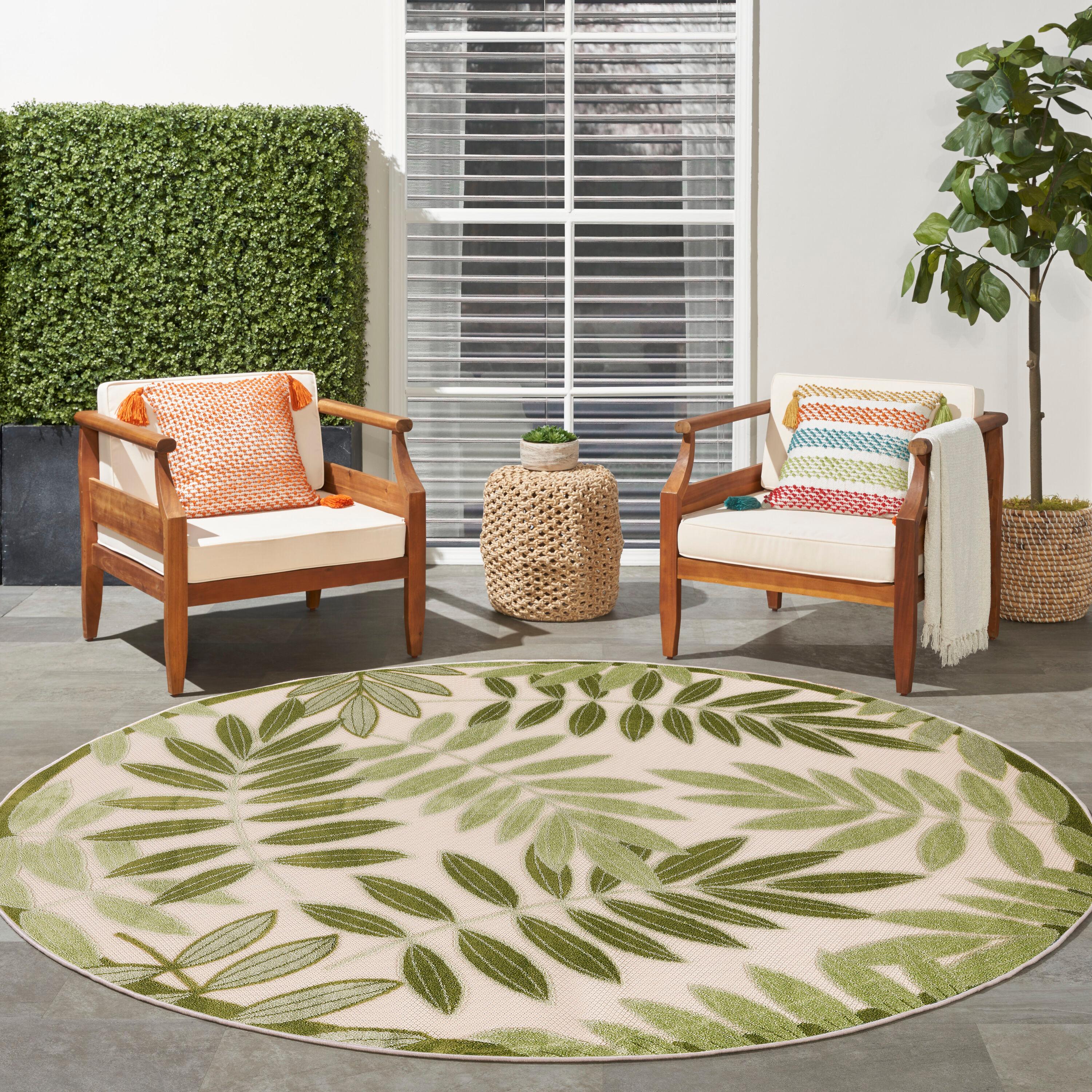 Nourison Aloha Floral Leaf Flatweave High-Low Indoor Outdoor Round Rug Ivory Green 5'3" x 5'3"